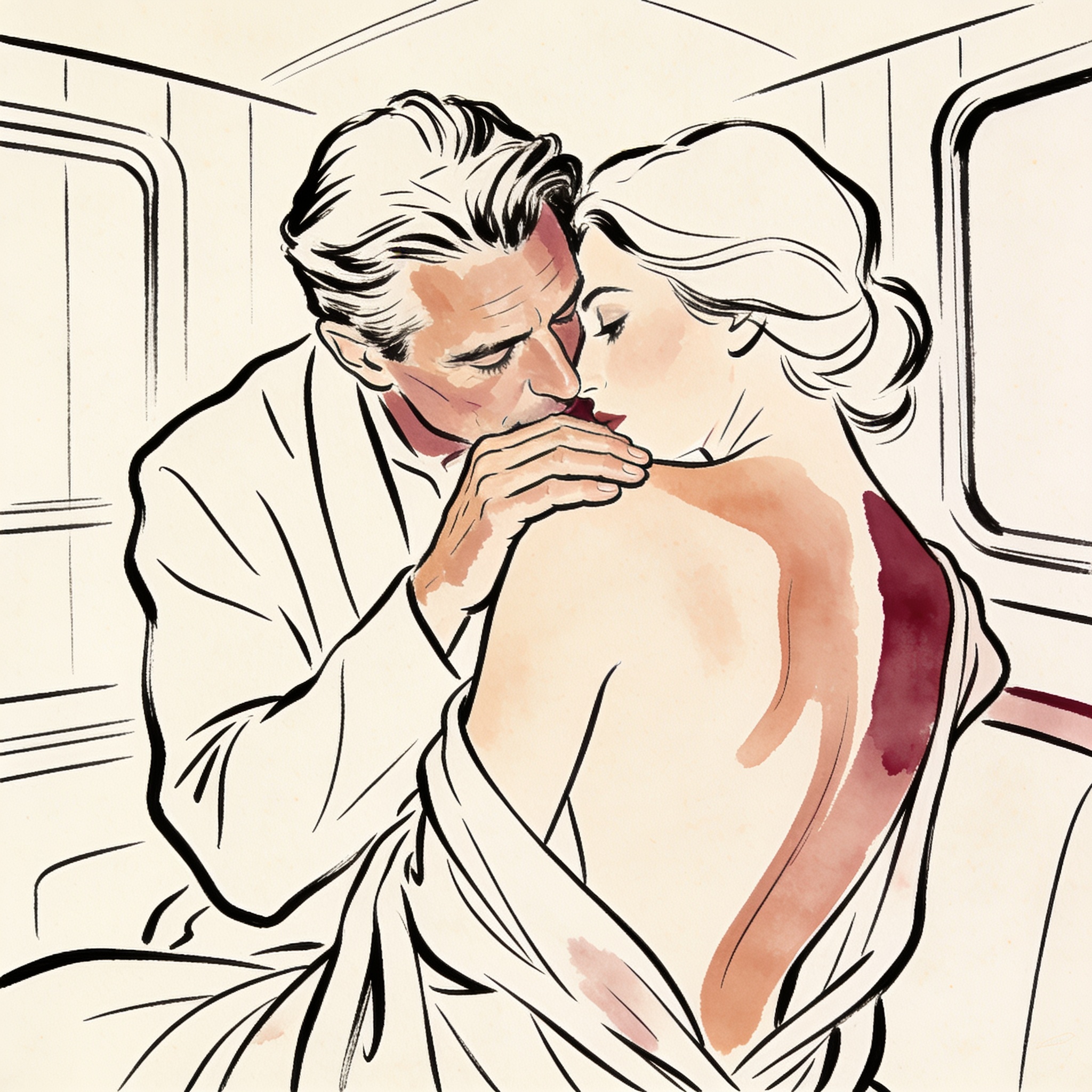 A man and woman in an airplane cabin, foreheads touching intimately, her robe slipping ...