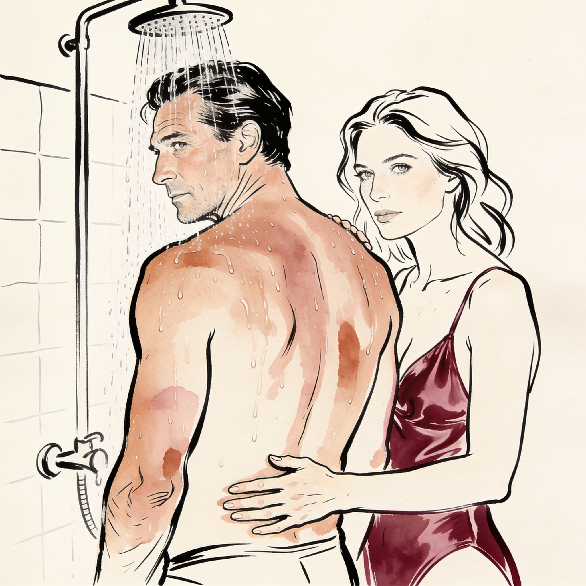 A couple intimately close under an outdoor shower, water glistening on skin and silk.