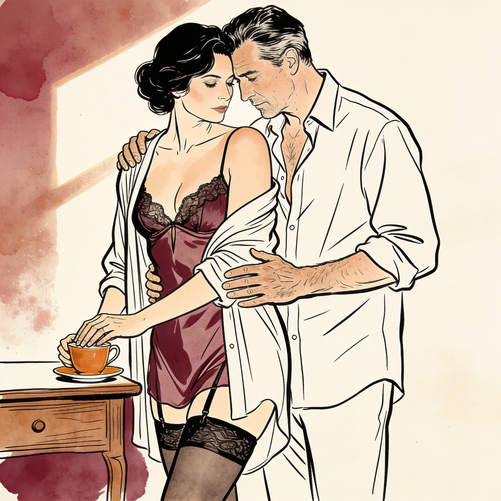 A man's hand covers a woman's on a teacup, her cardigan slipped down, foreheads close.