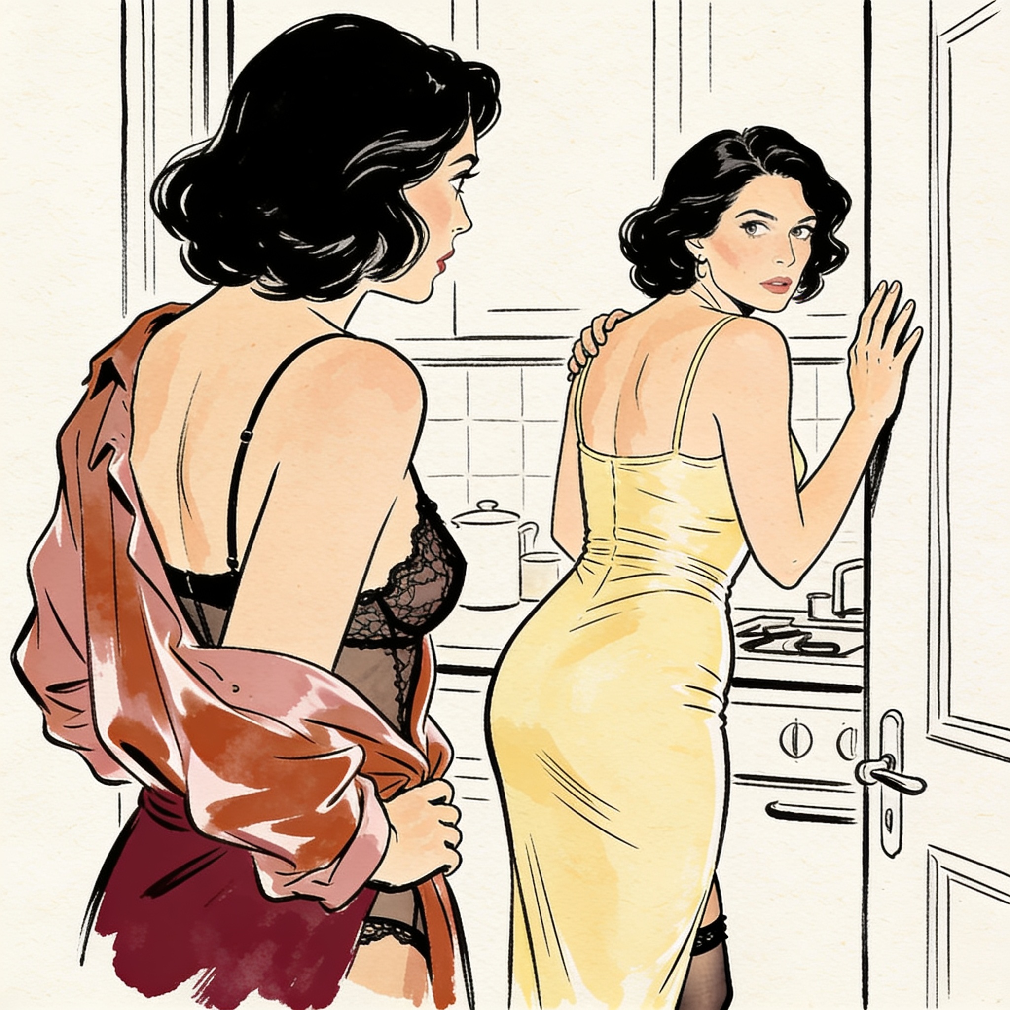 A woman watches her mother's dress cling to her curves in a sunlit kitchen.
