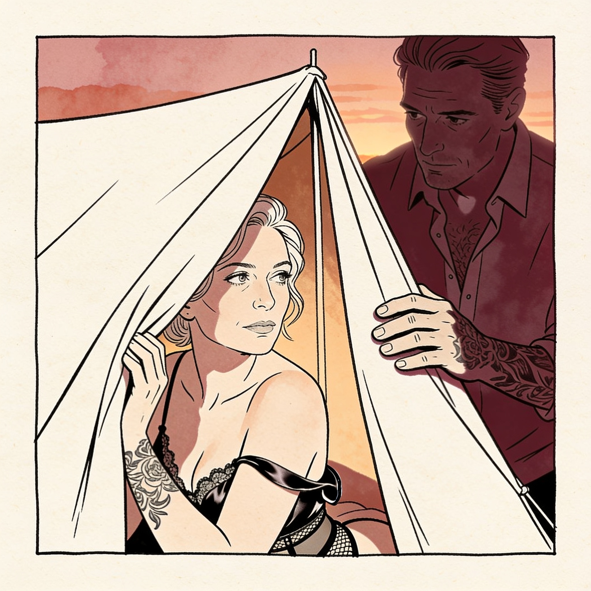 Dawn in a tent, a woman in a silk slip, a man's tattooed hand resting on the canvas out...