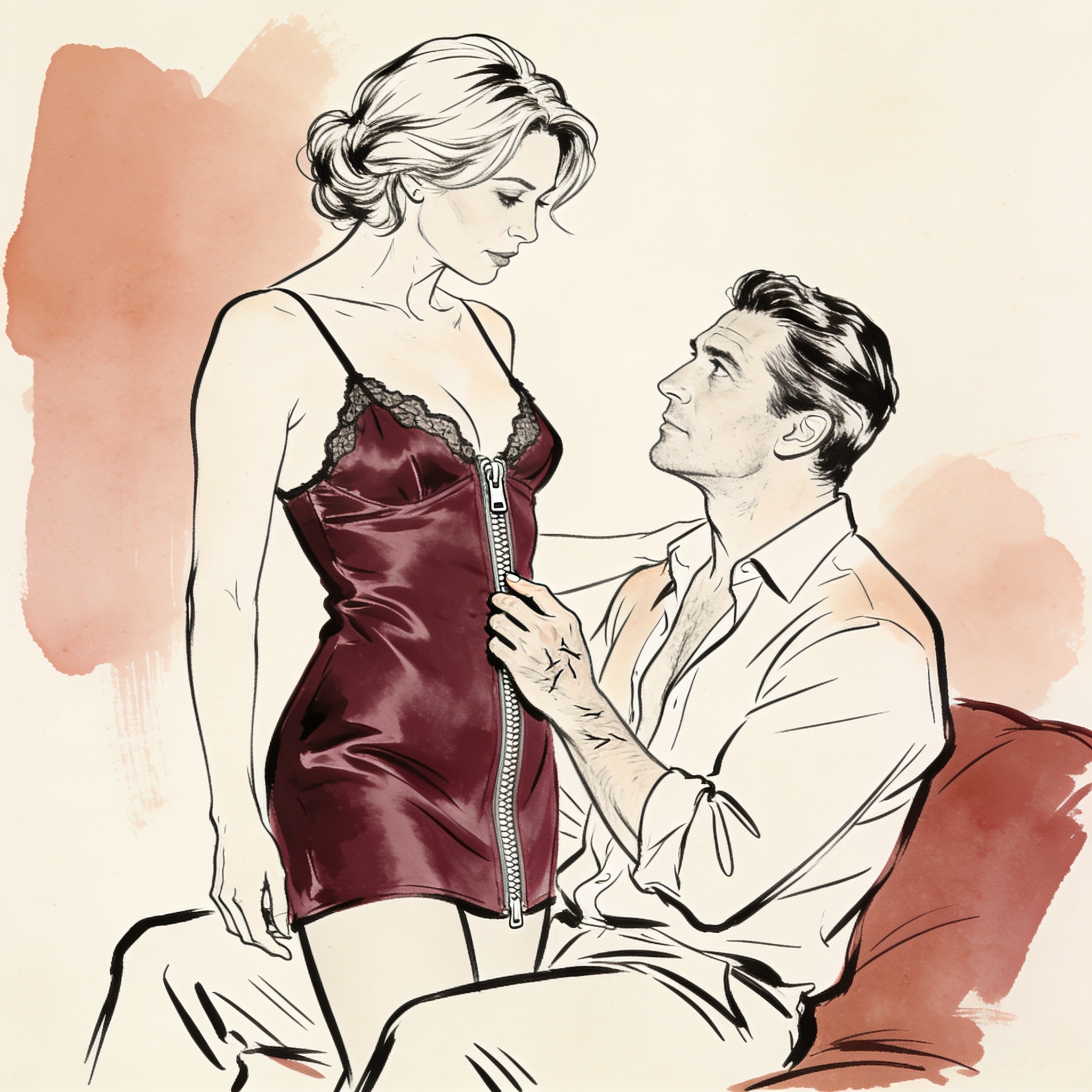 A woman in a silk dress stands close to a man in an armchair, his hand tracing her zipper.