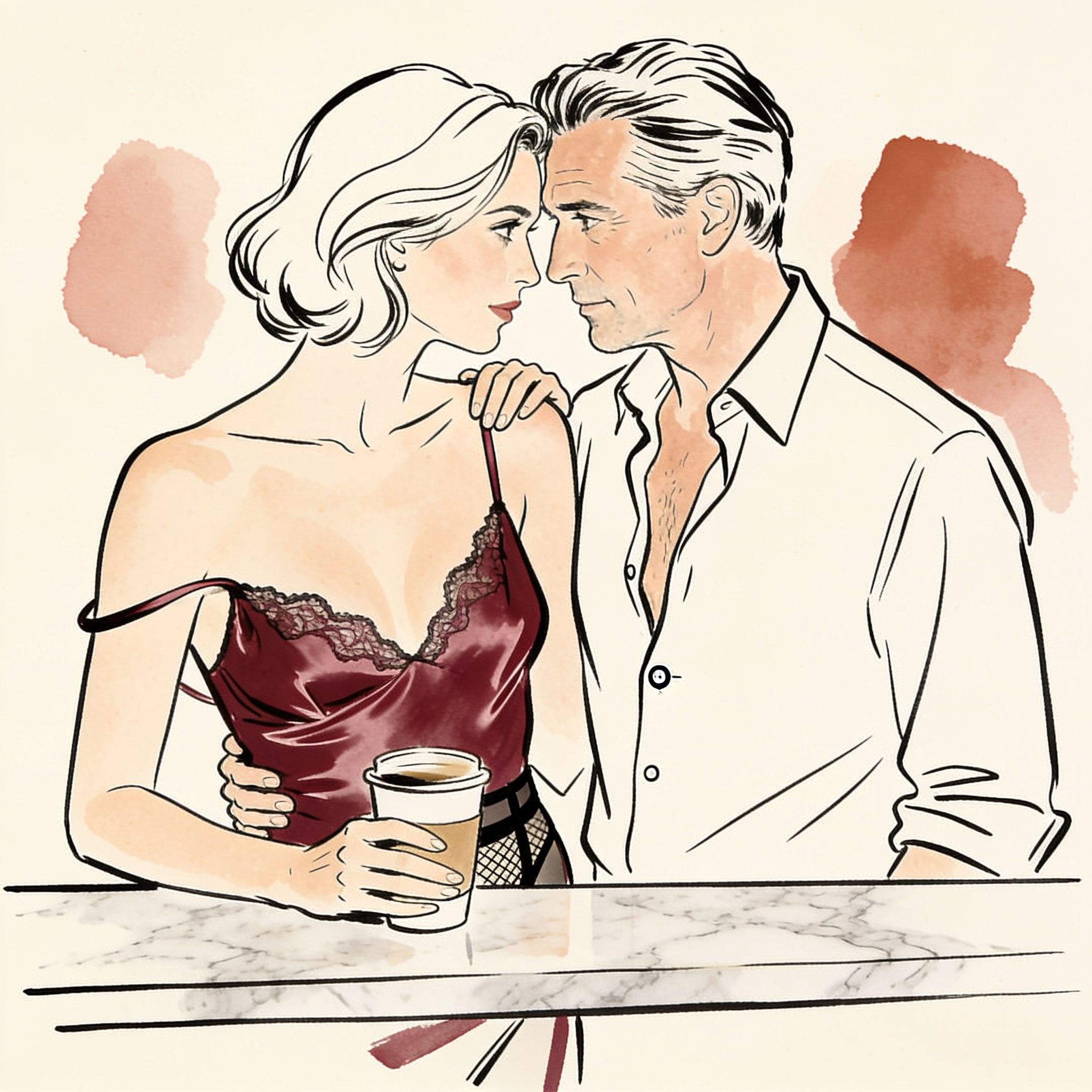 A man and woman share a charged gaze in a sleek hotel cafe, her slip strap fallen, his ...