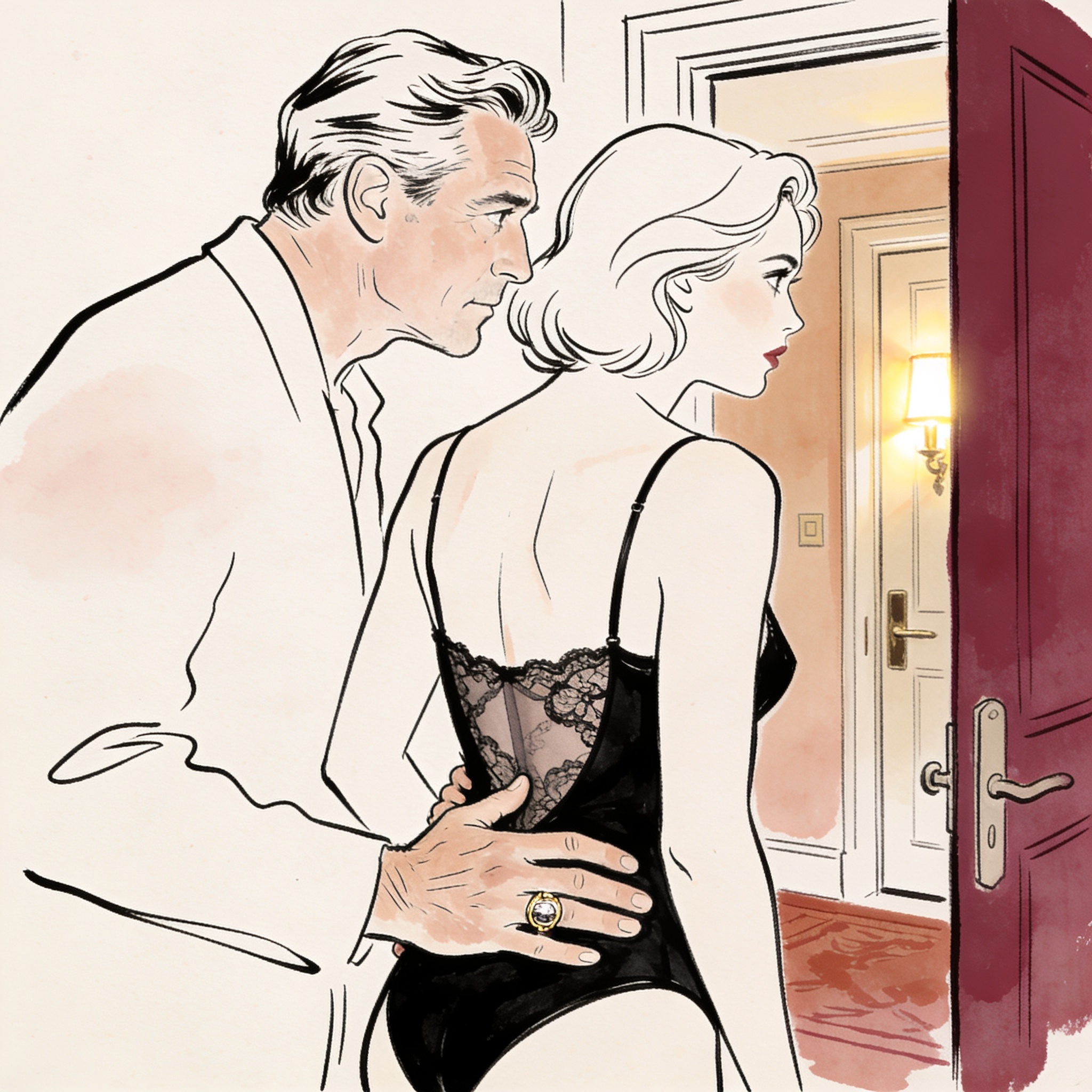 A couple shares a charged look, his hand on her back, as they face a hotel door.