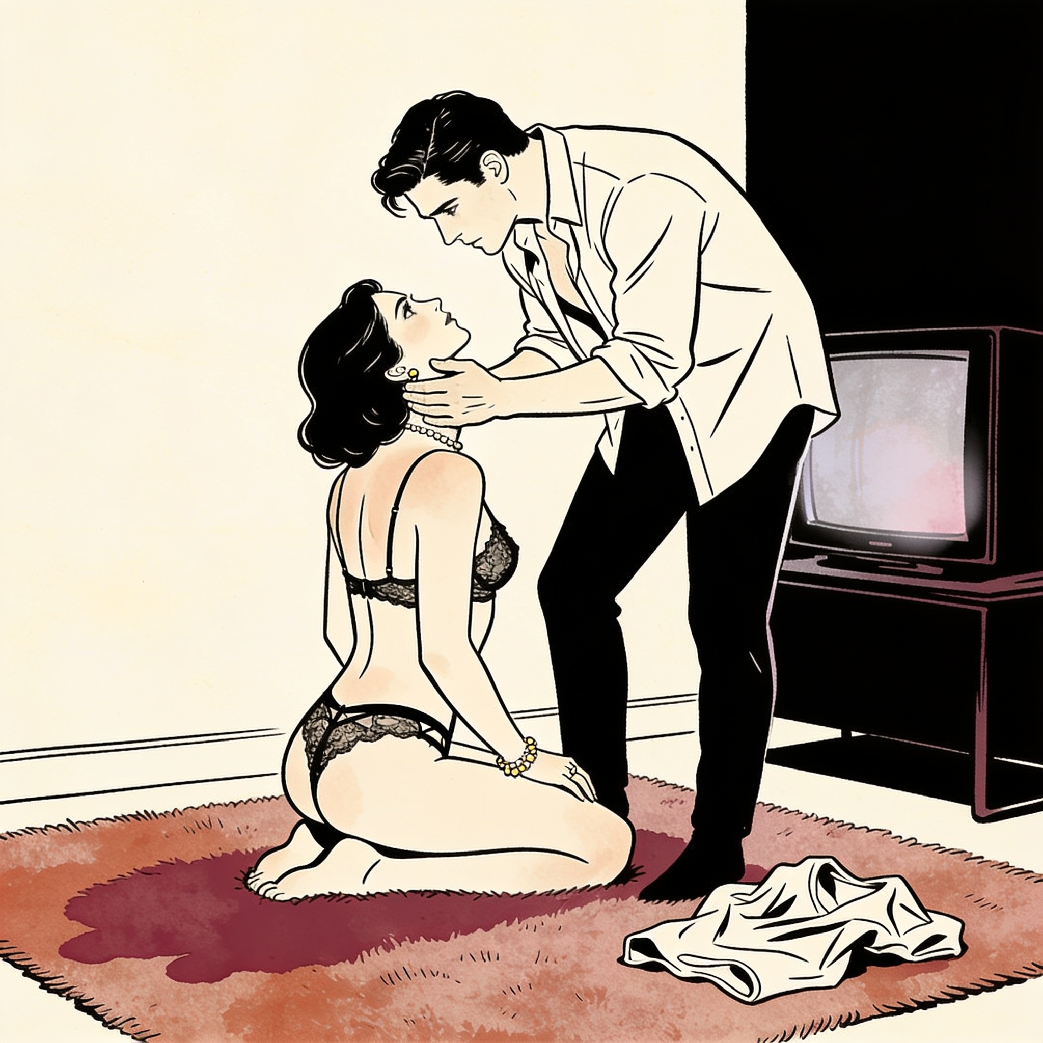 A kneeling woman looks up as a man cradles her jaw, tension thick in the blue-lit room.