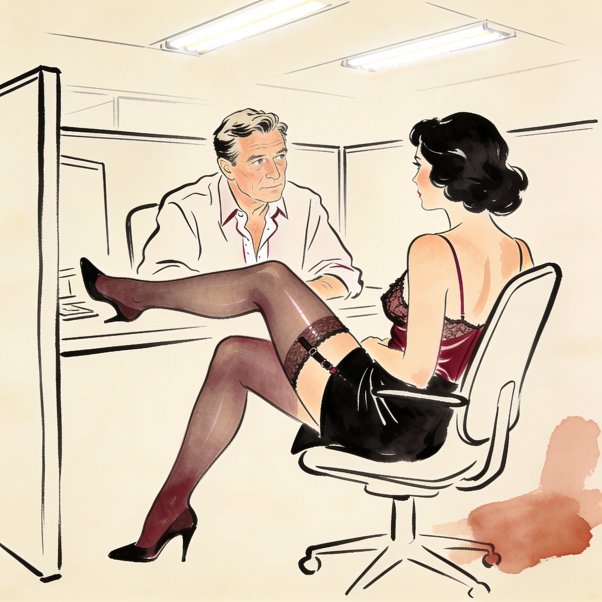 Woman in office with crossed legs, a man watching her from afar.