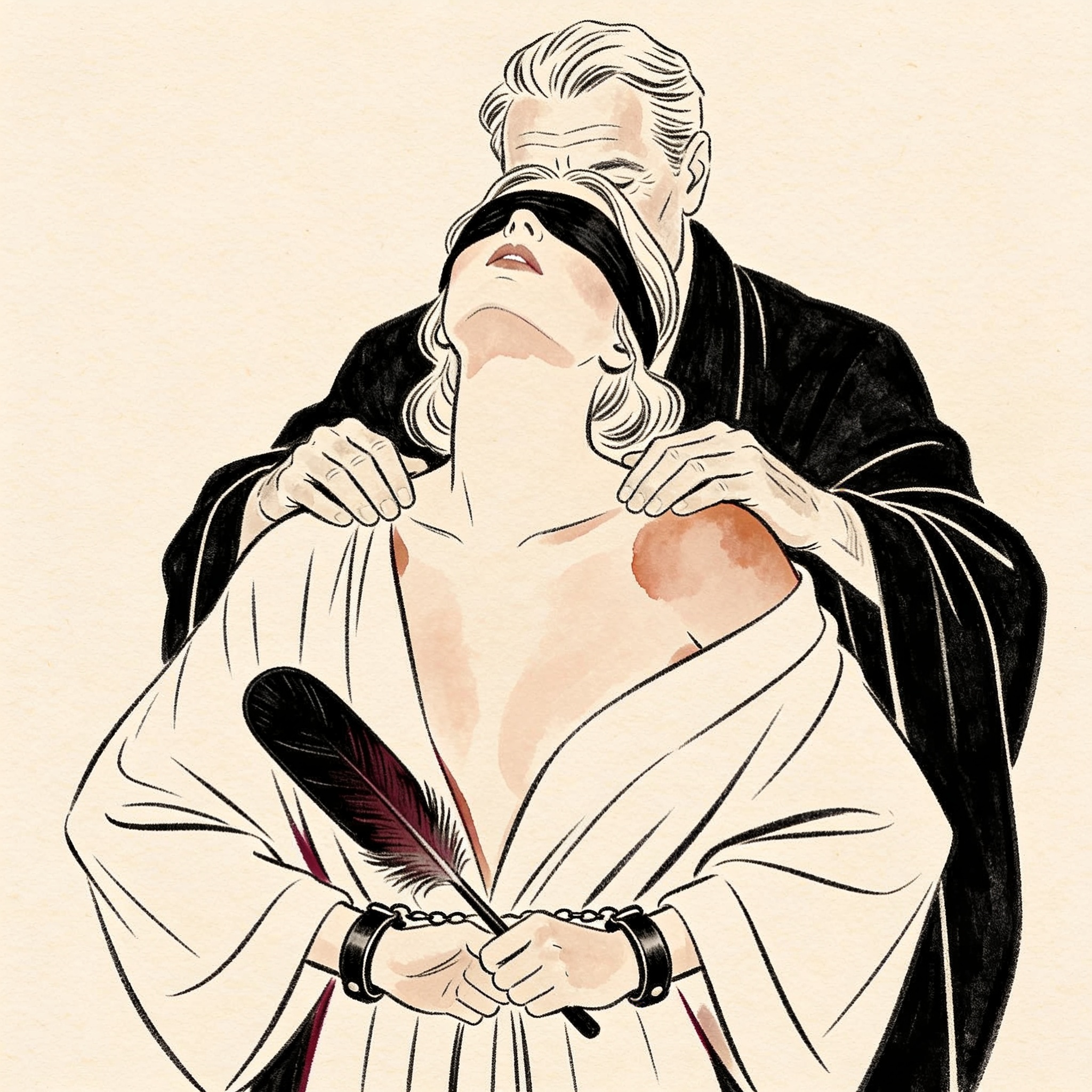 A blindfolded woman arches as a paddle's tip touches her skin, cuffed wrists behind her.