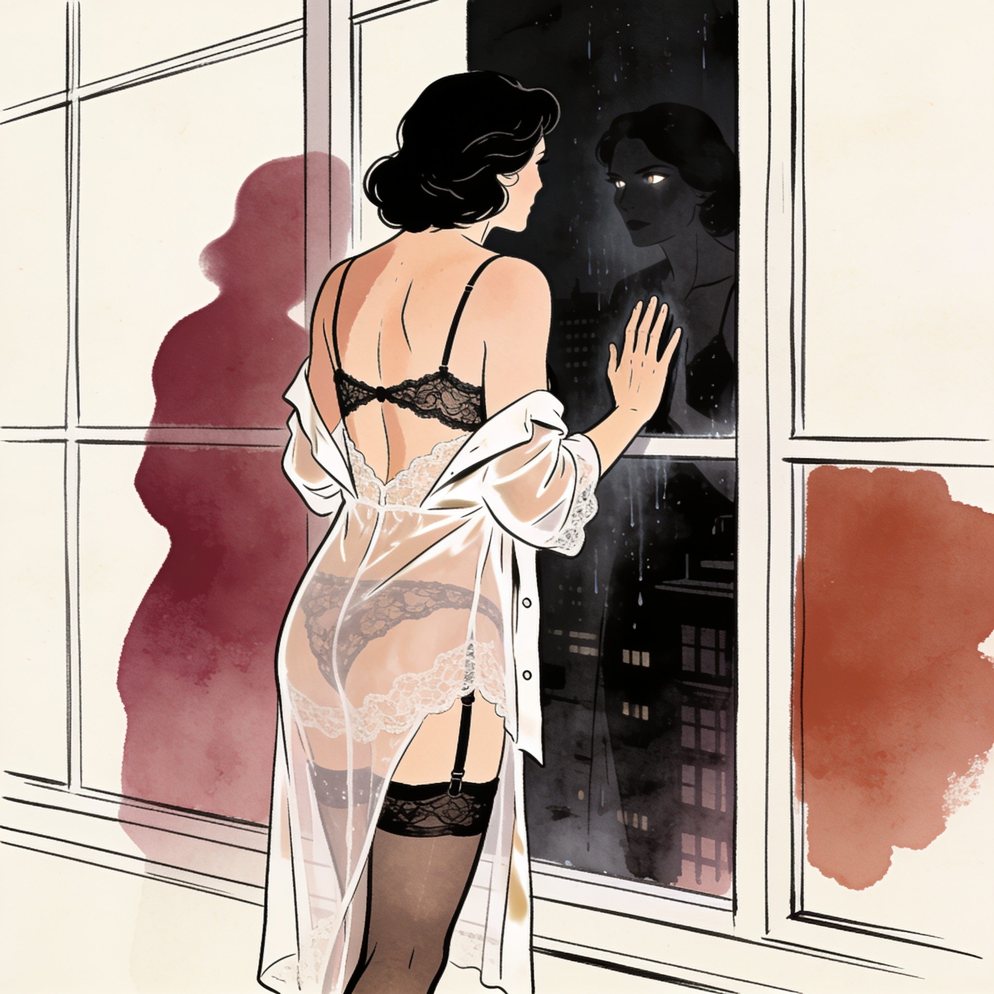 Silhouette of a woman in lace lingerie against a city night window, anticipating a gaze.