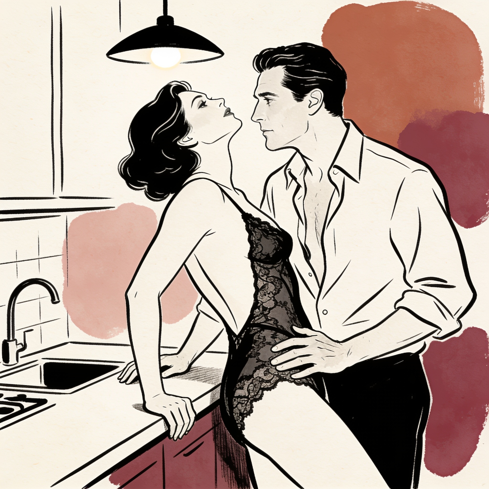 A man in a rumpled shirt leans close to a woman in a lace slip in a crowded kitchen.