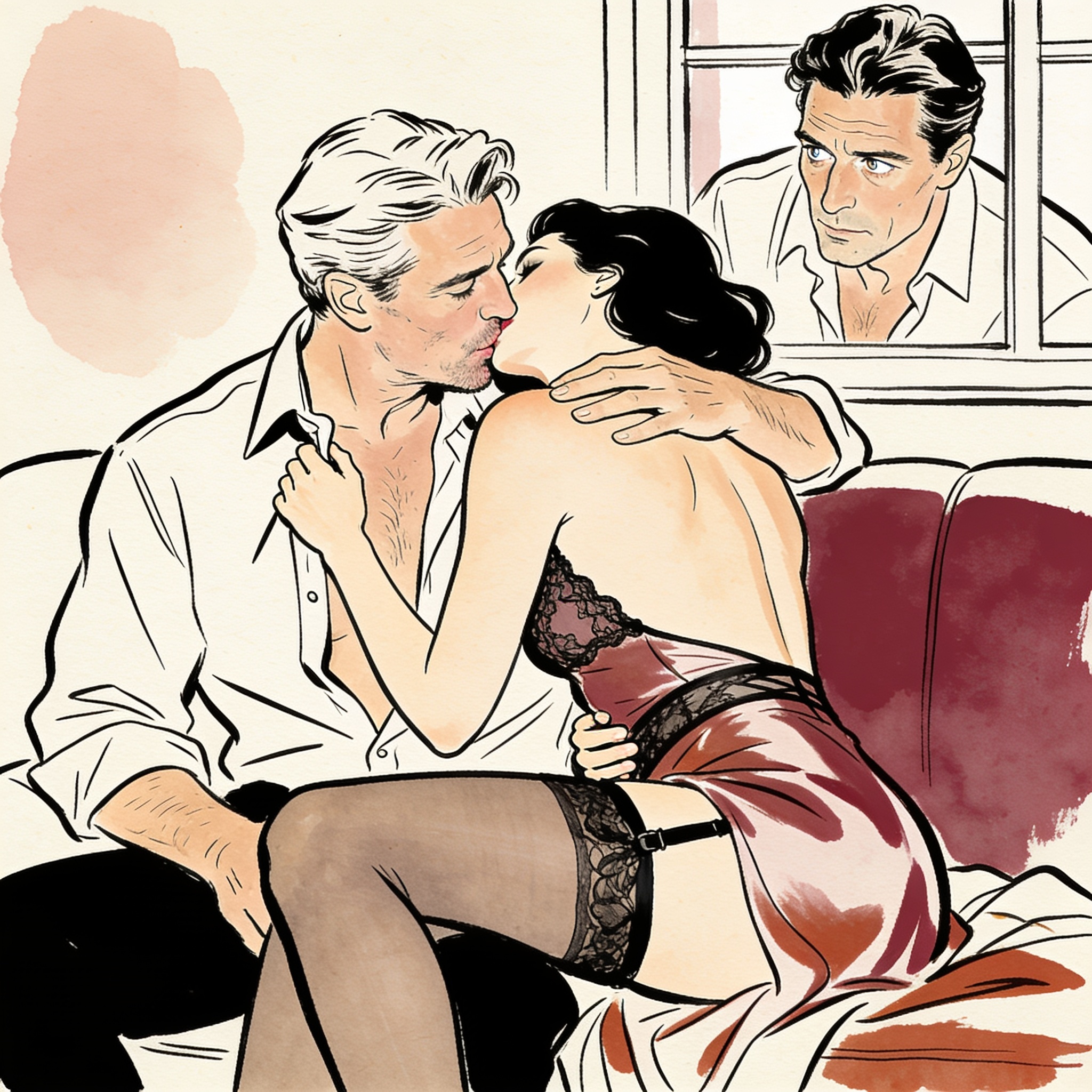 A couple shares an intimate moment while a third person watches from across a dimly lit...