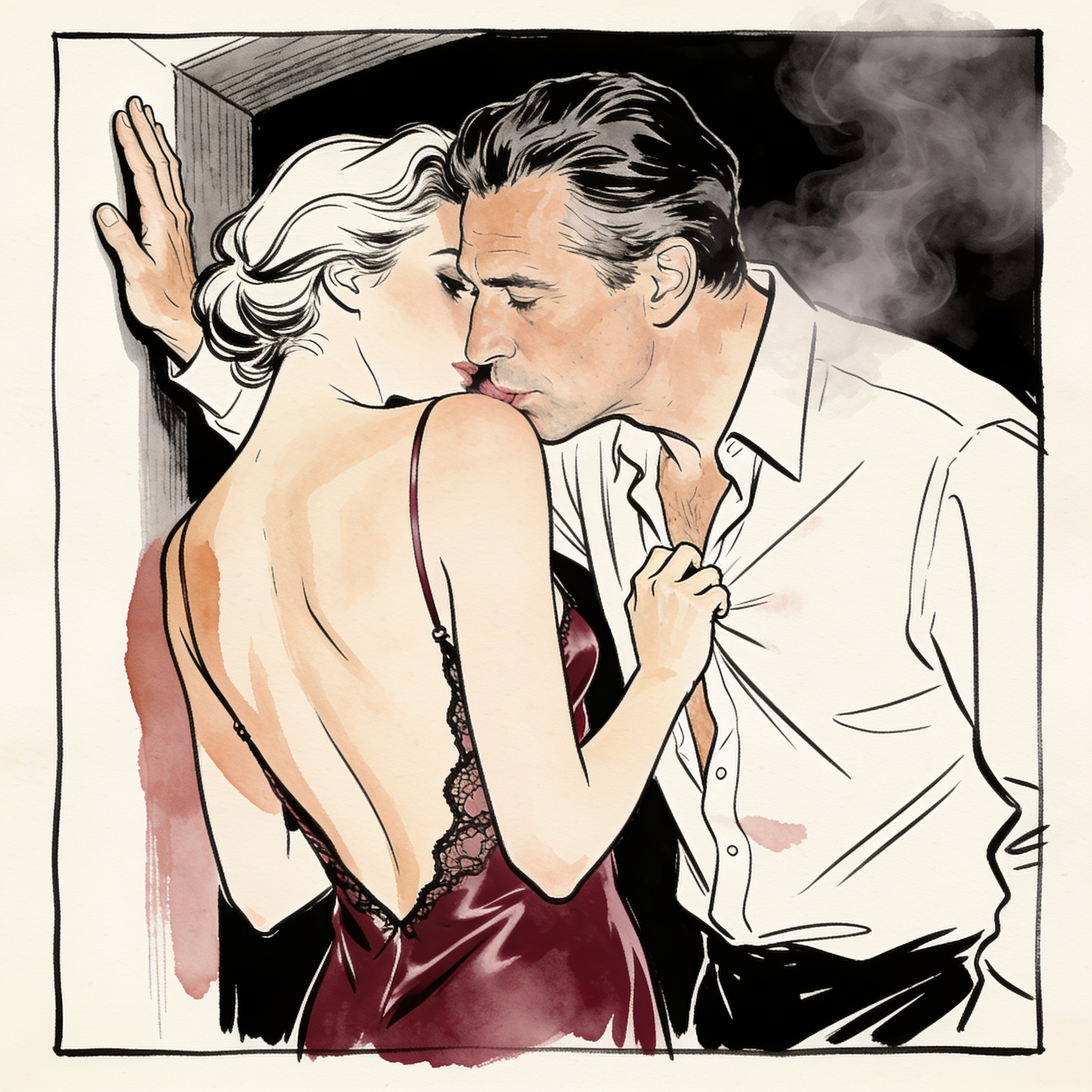 A couple in a tense, intimate moment in a shadowy tavern alcove.