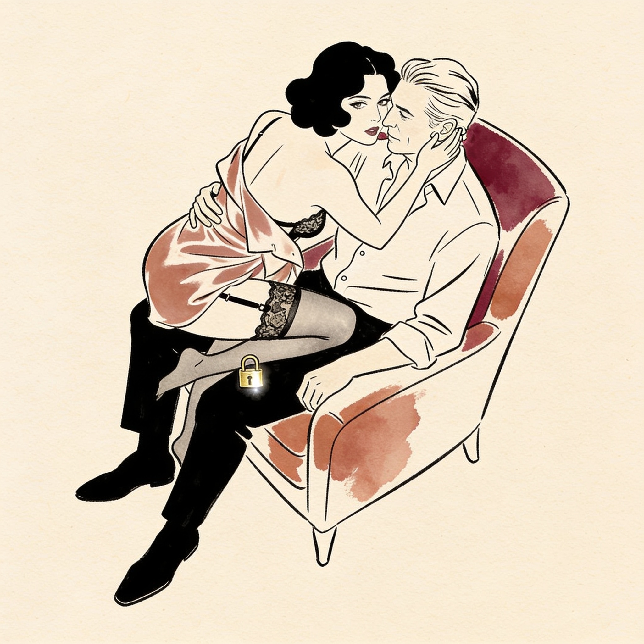 A woman in lingerie leans close to a man in a chair, whispering intimately.