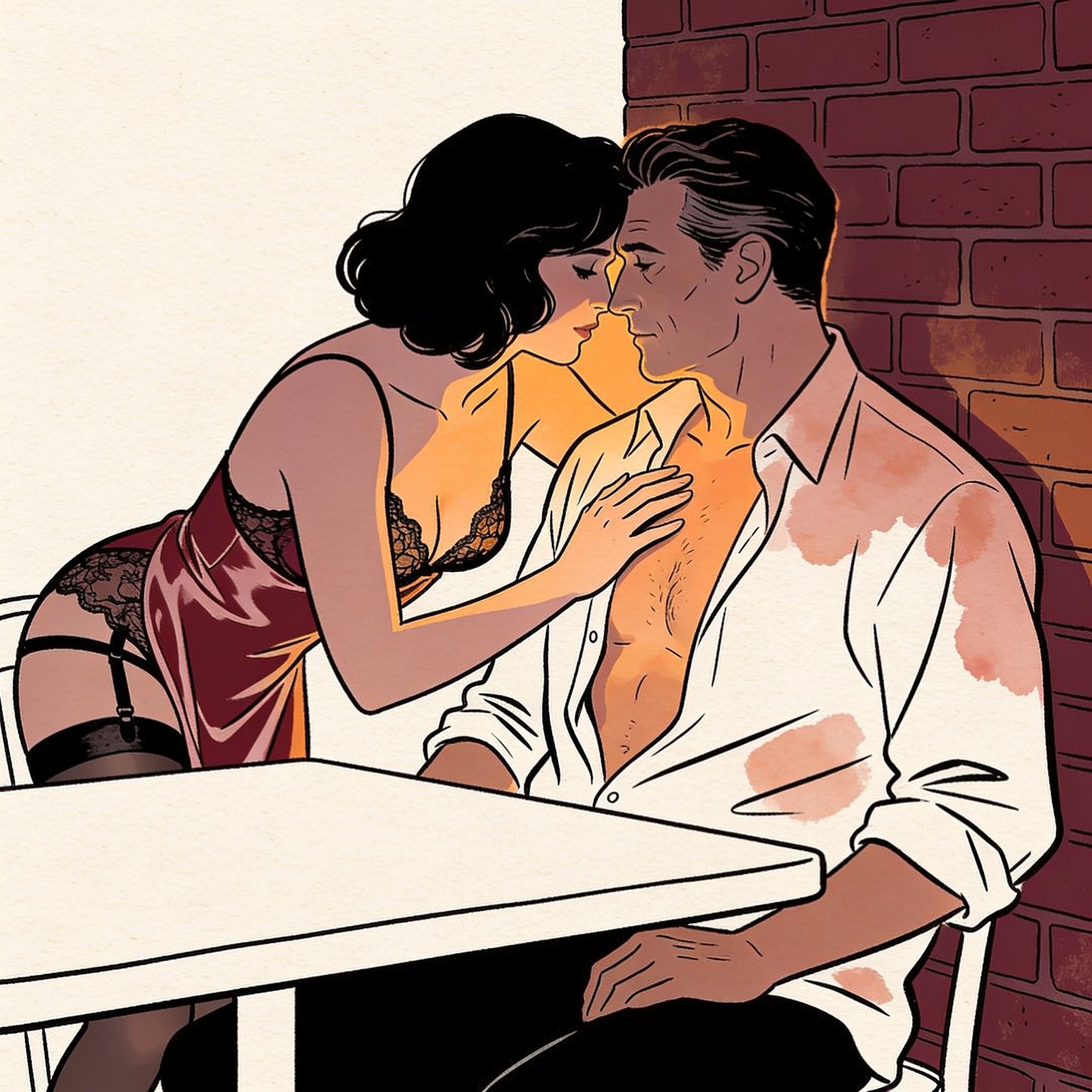 A couple's intimate moment at a cafe table, foreheads touching, a hand on his chest.