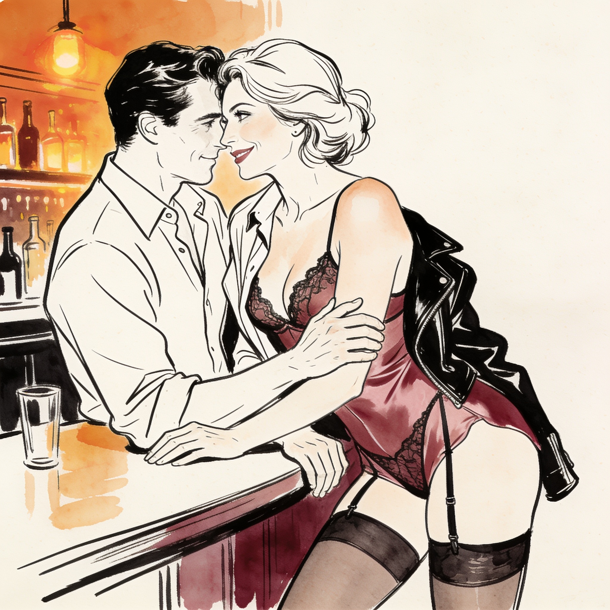 A woman leans against a man's table, sharing an intimate gaze in a dimly lit bar.