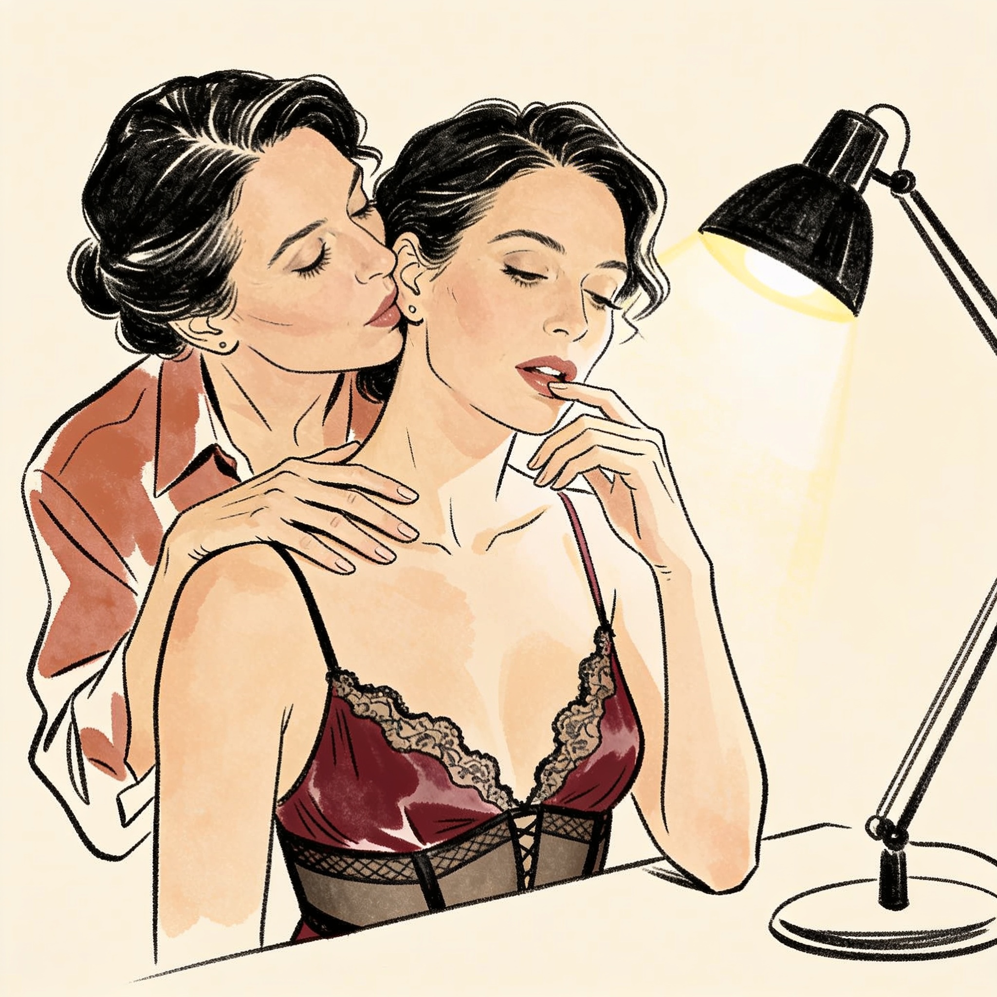 Line art of two women in an intimate dorm room moment, one whispering as the other touc...