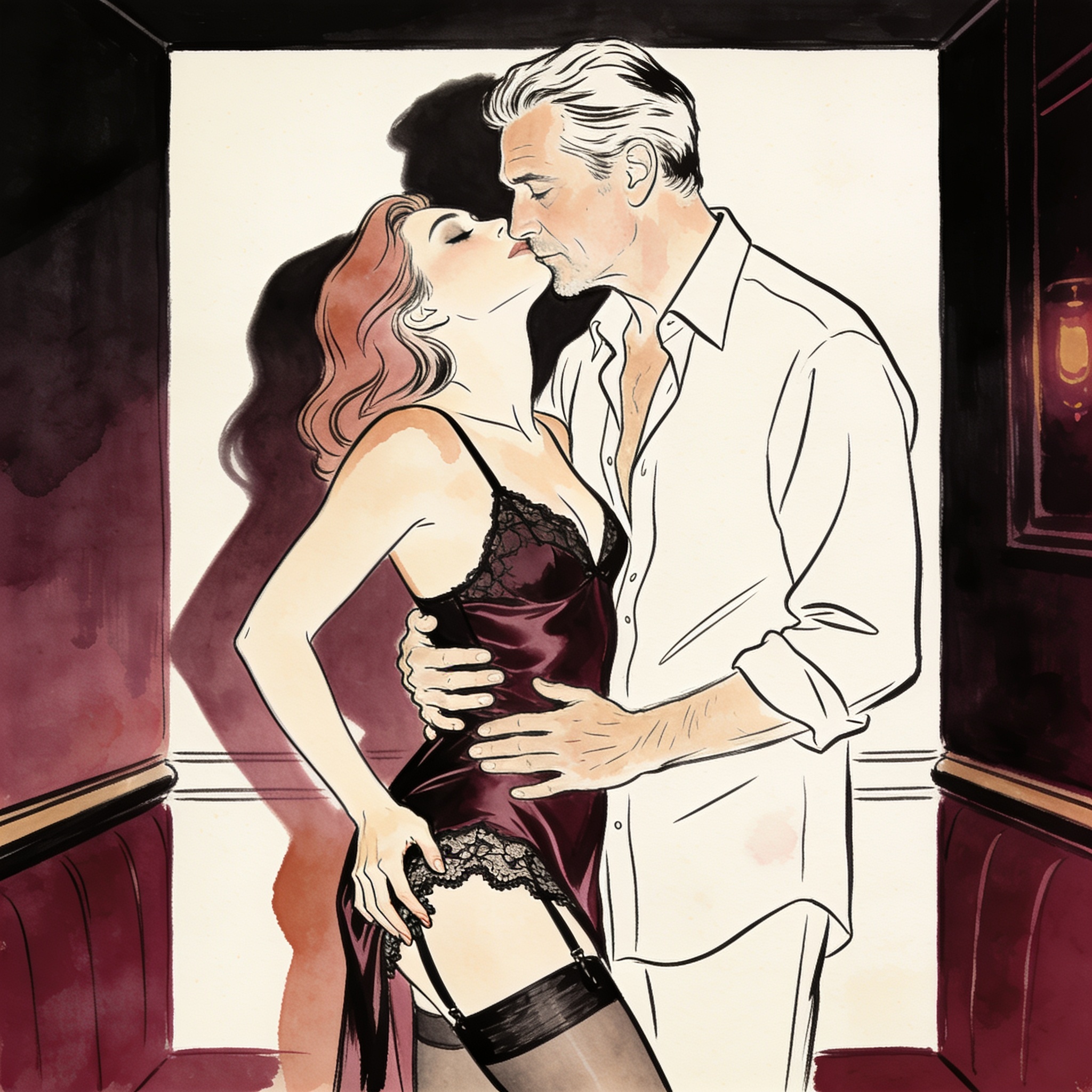 A man and a woman embrace intimately in a shadowy club, his hand tracing the lace on he...