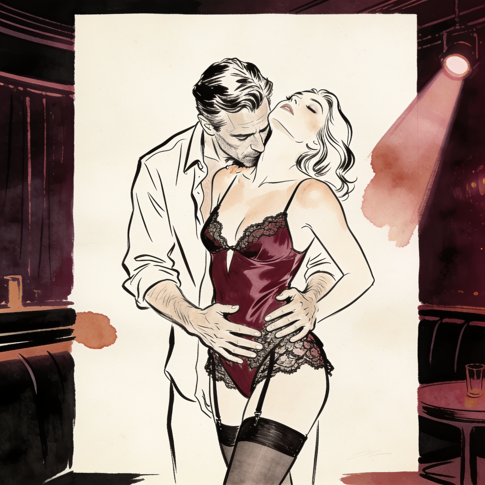 A man's hands on a woman's hips in a dark nightclub, his lips near her shoulder.