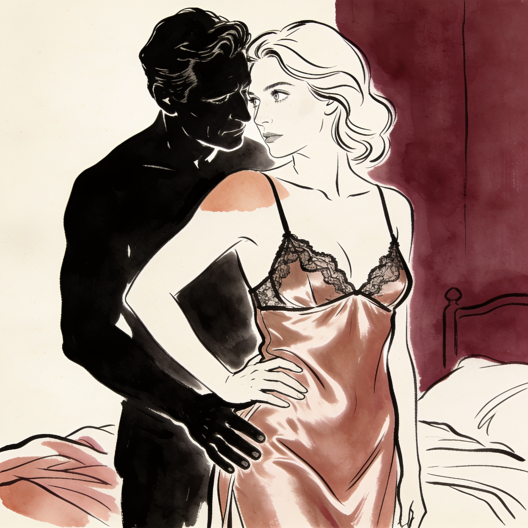 A couple in a dim bedroom; he holds her hip, their foreheads touch in an intimate, char...