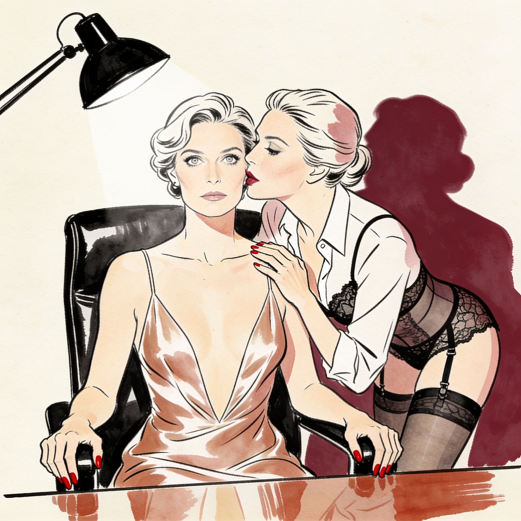 Two women in an office, one leaning close to the other, a tense intimate moment.