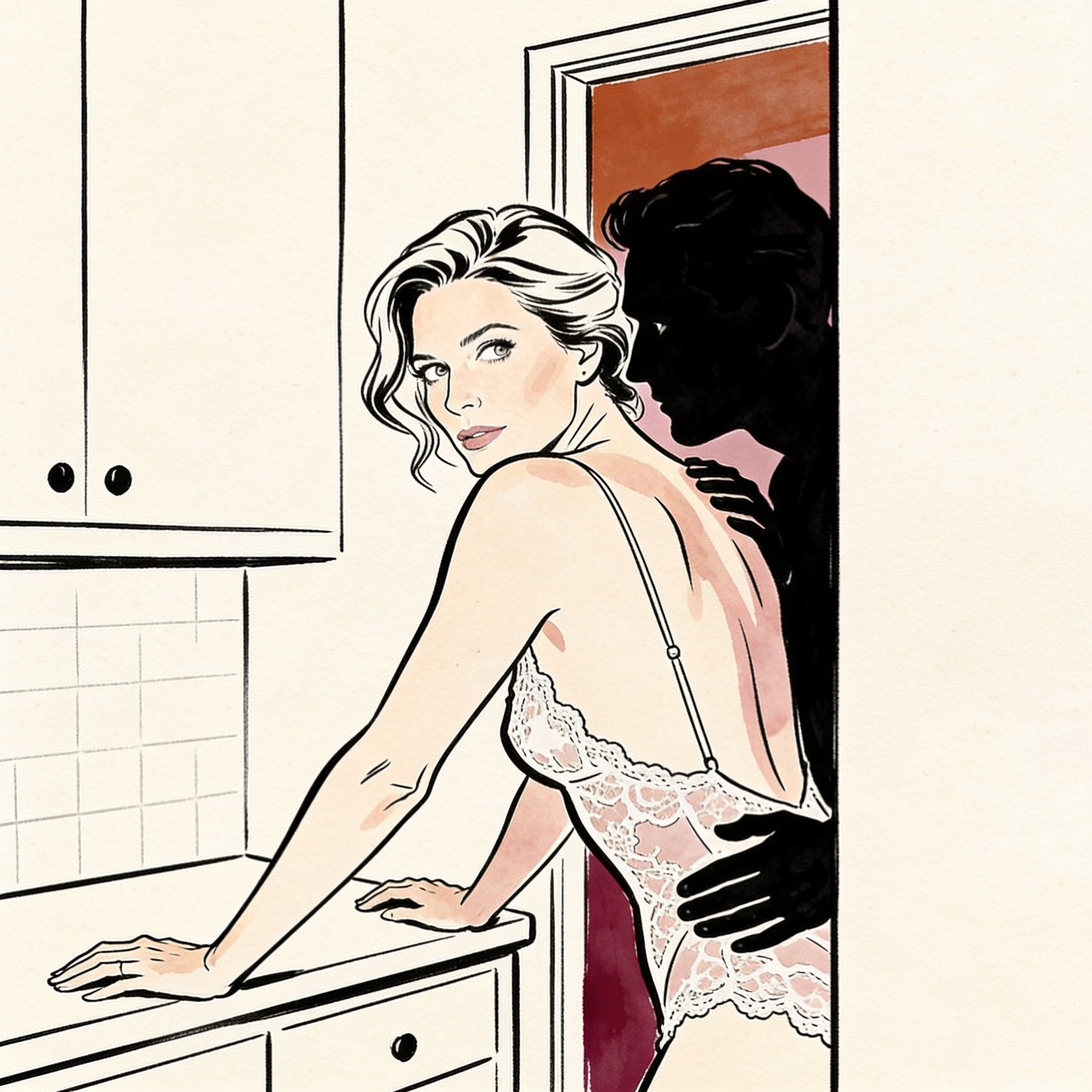 Woman in lace camisole leans over a kitchen counter, aware of two men's gazes.