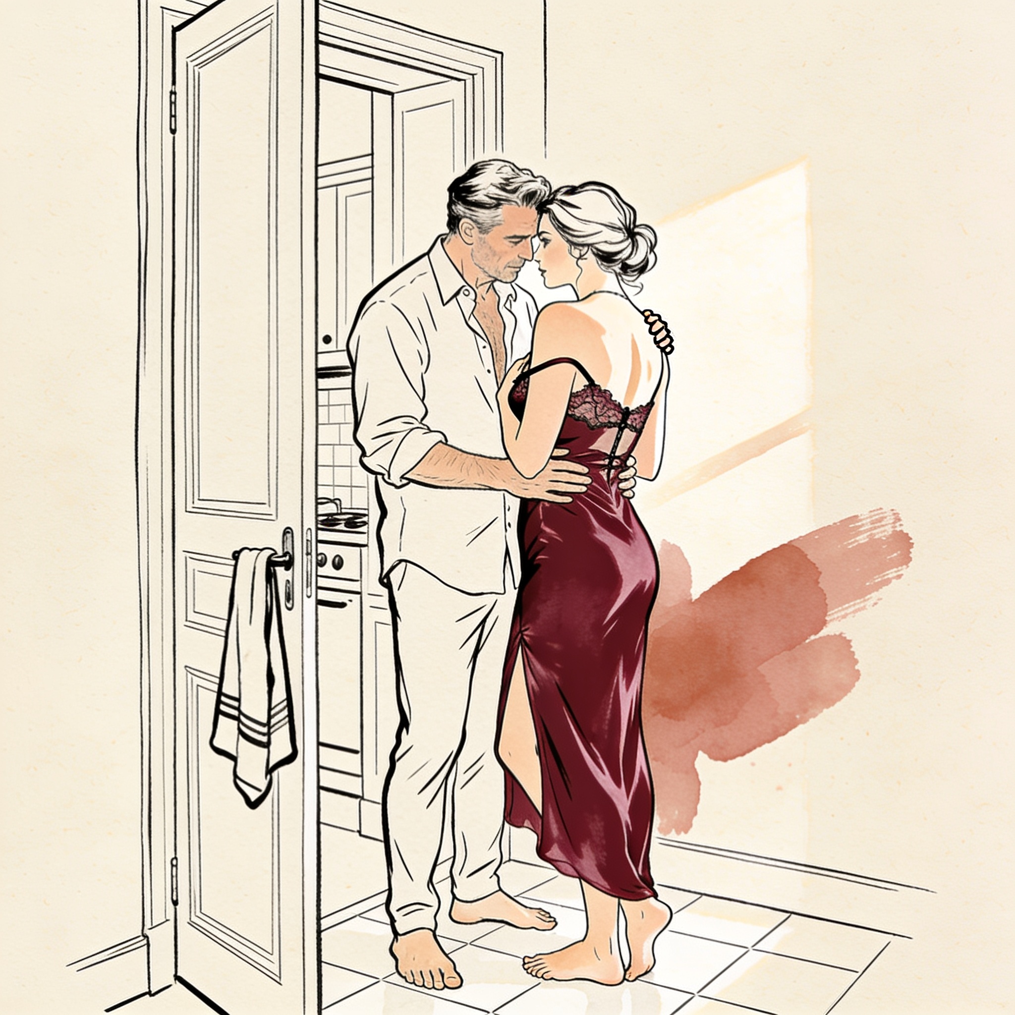 A woman in a silk slip, one strap down, meets her partner's arrested gaze in a sunlit d...