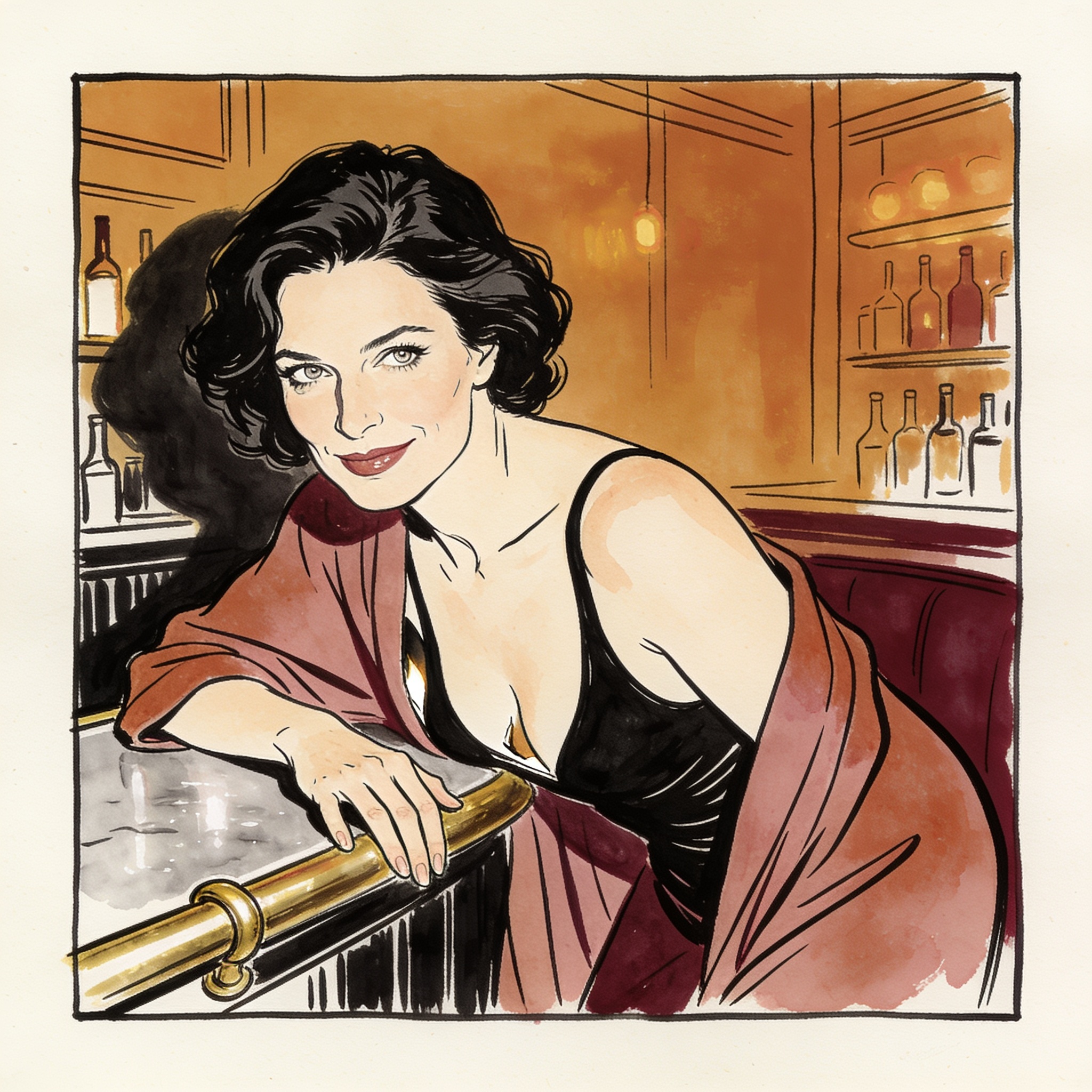 Bartender leaning over a bar with a knowing smile, her gaze meeting the viewer's in a d...