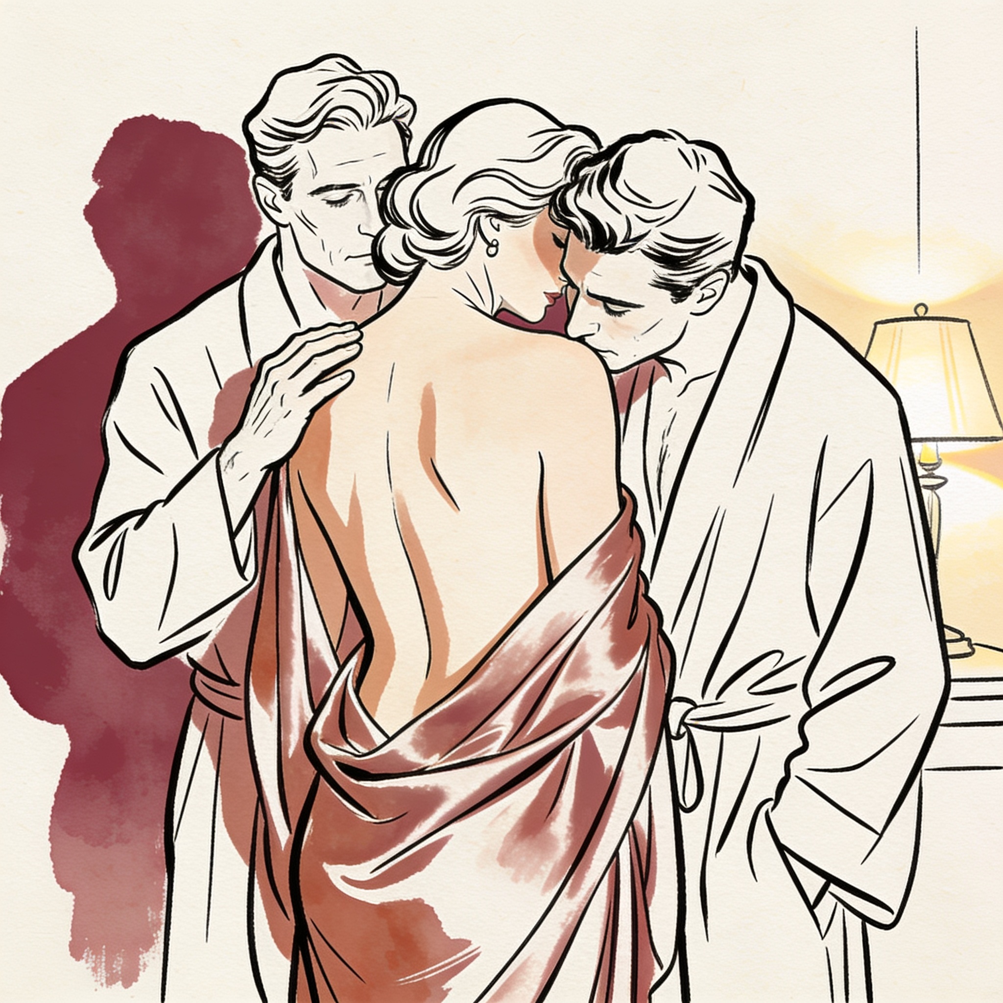 Two men flank a woman in a silk robe, creating a moment of intense, silent tension.