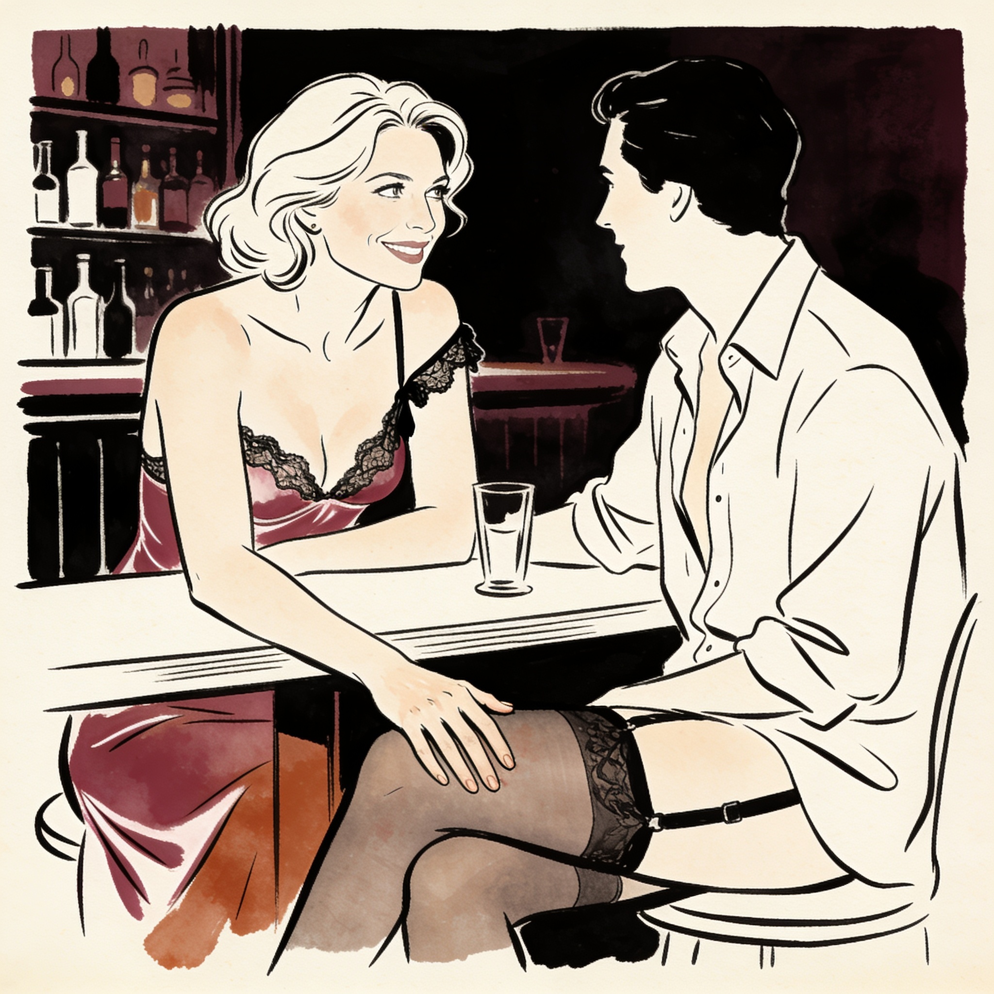 A woman's hidden touch under a table, observed by a man with a knowing smile across a d...