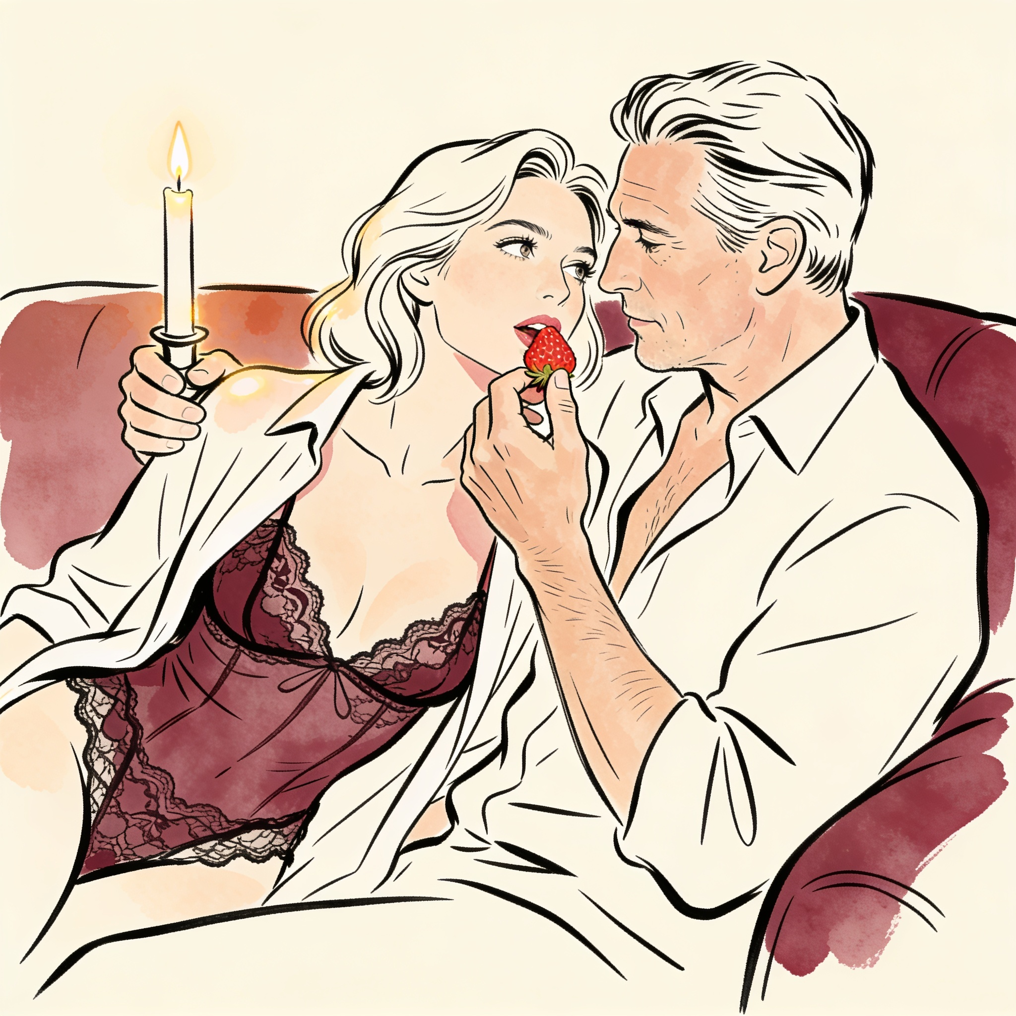 Two people close on a couch, lips nearly touching, as a hand gently traces her face.