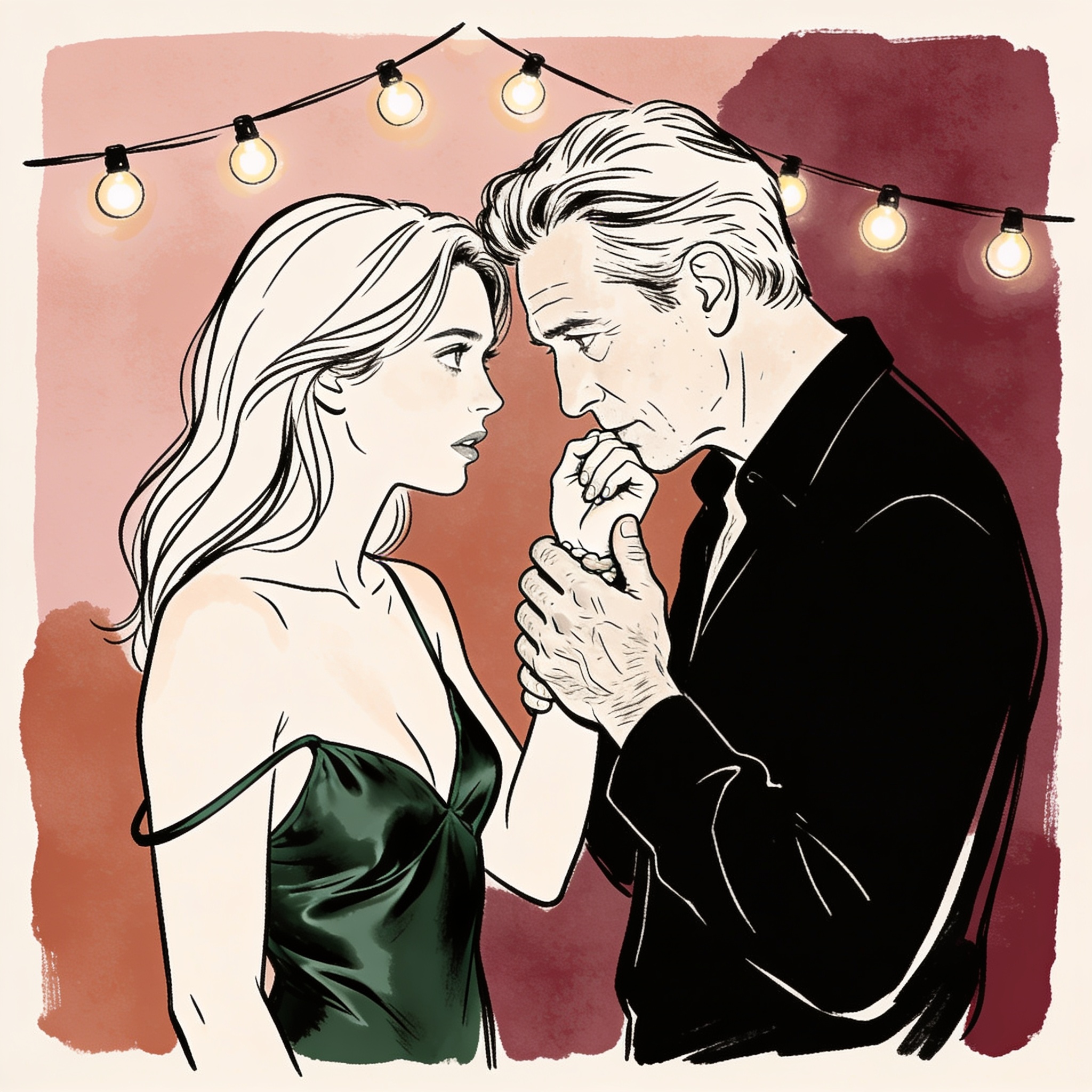 Line art of a man and a woman in intimate, charged closeness at night, near a fence.