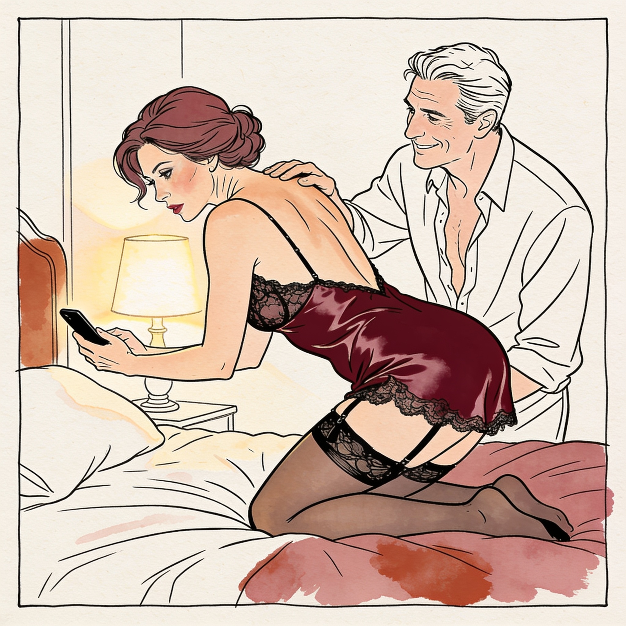 A wife takes a phone from her husband’s hand, their intimate gaze charged with permission.