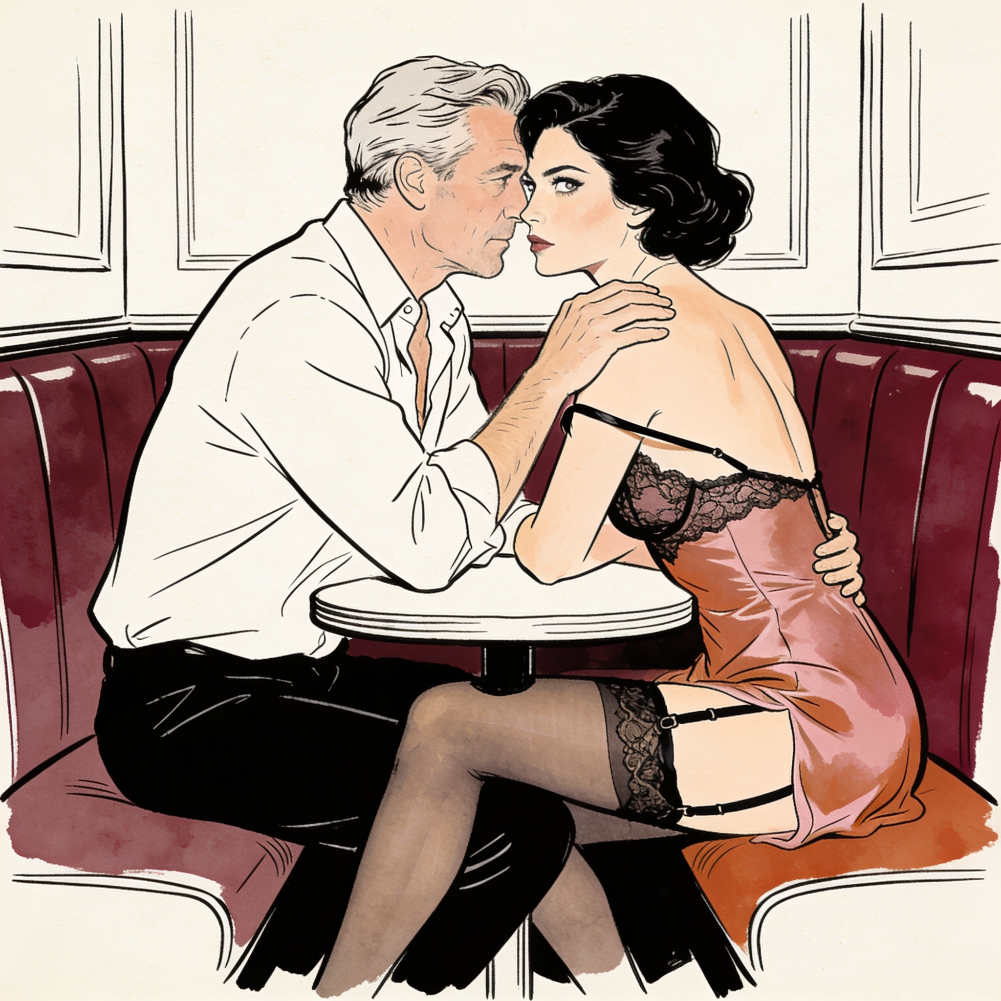 A man and woman sit close in a booth, her knee pressing against his under the table in ...