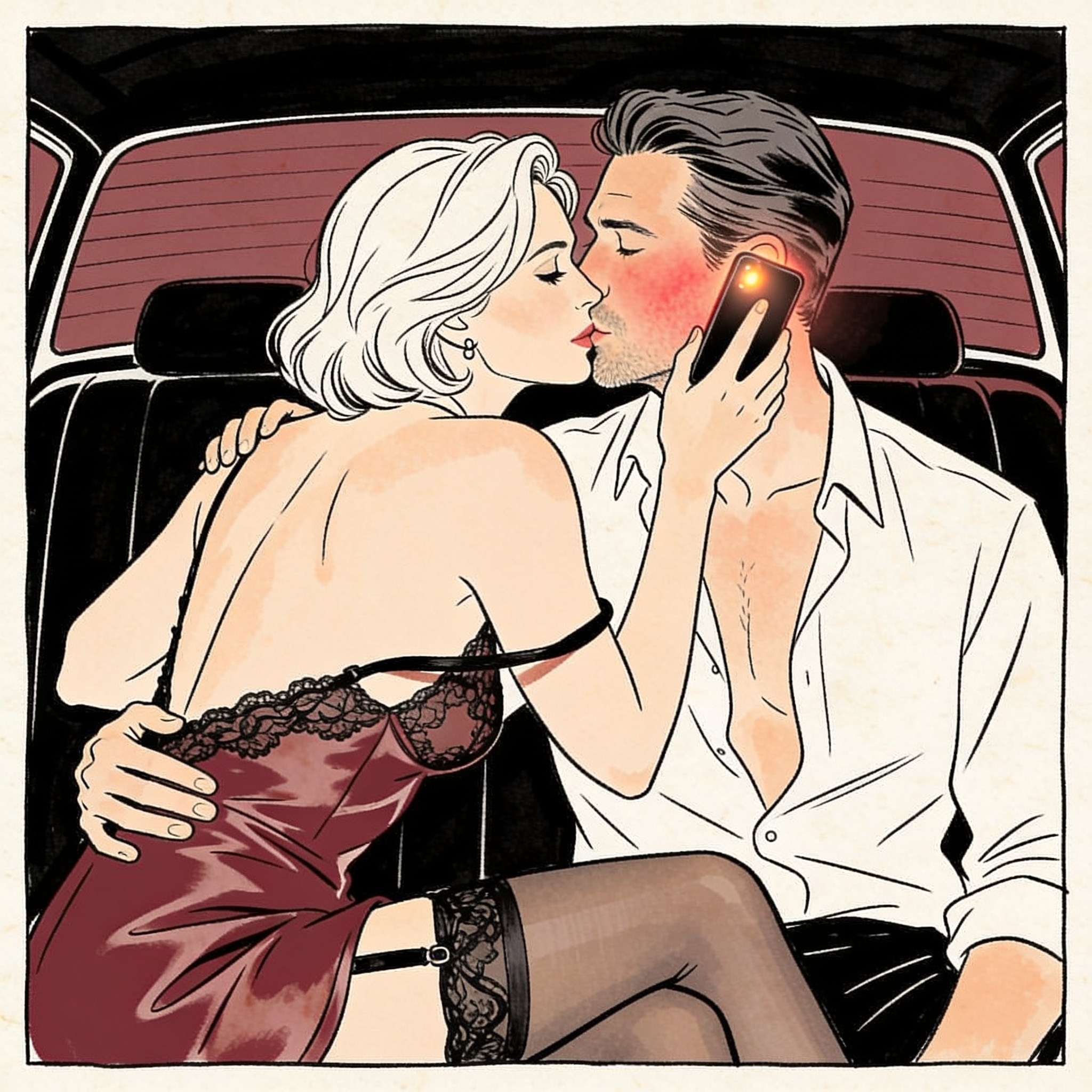 A woman leans toward a man in a dark taxi, her camisole strap fallen.