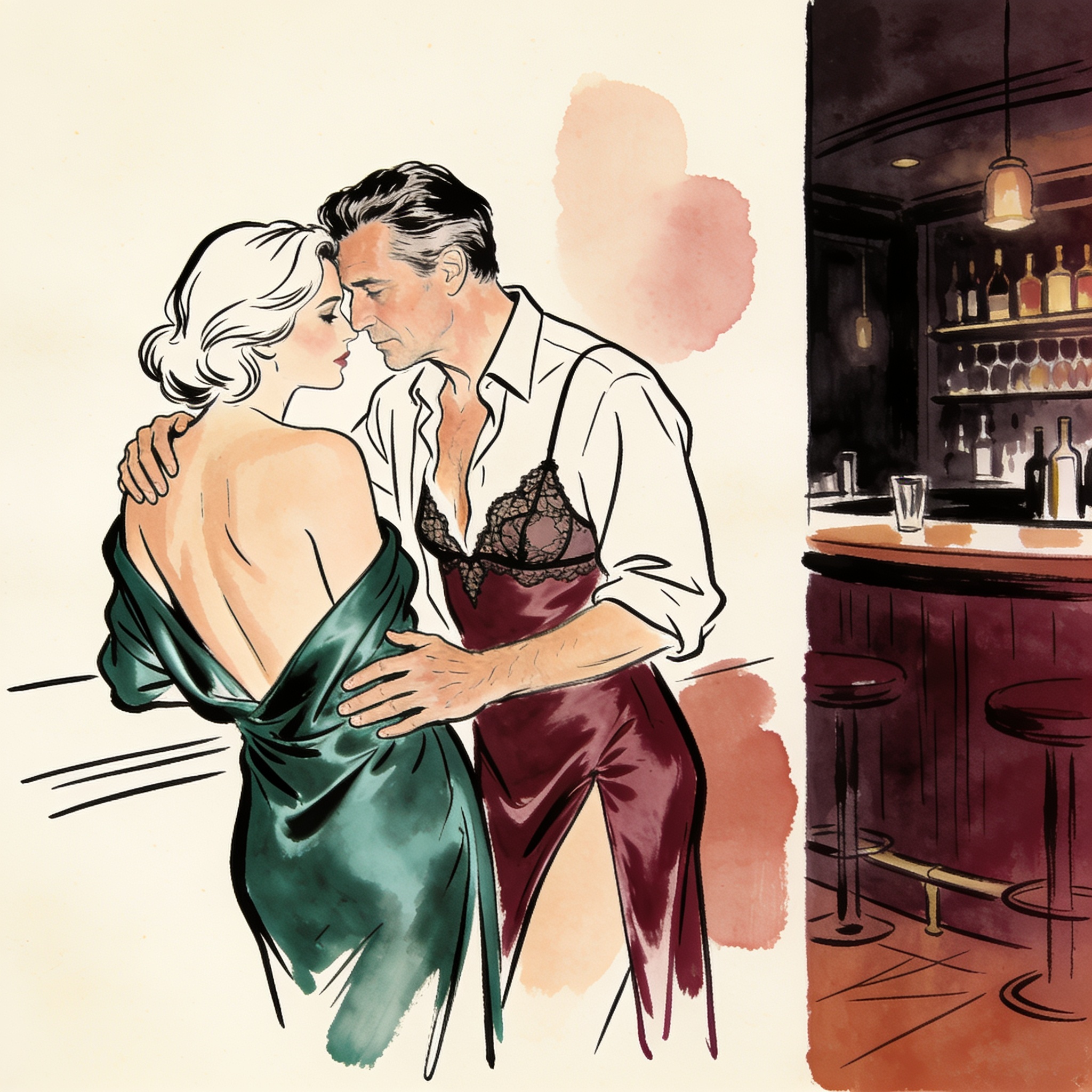 Man and woman in a bar, her dress slipping from her shoulder, his hand on her back, sha...