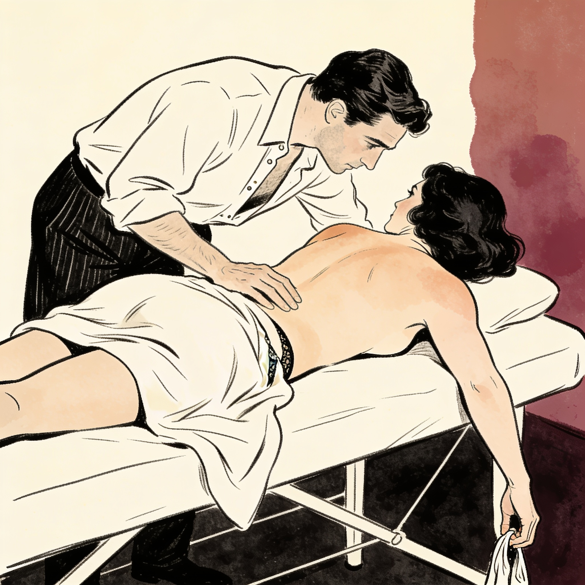 A charged moment during a massage, with a hand near a linen trouser leg.