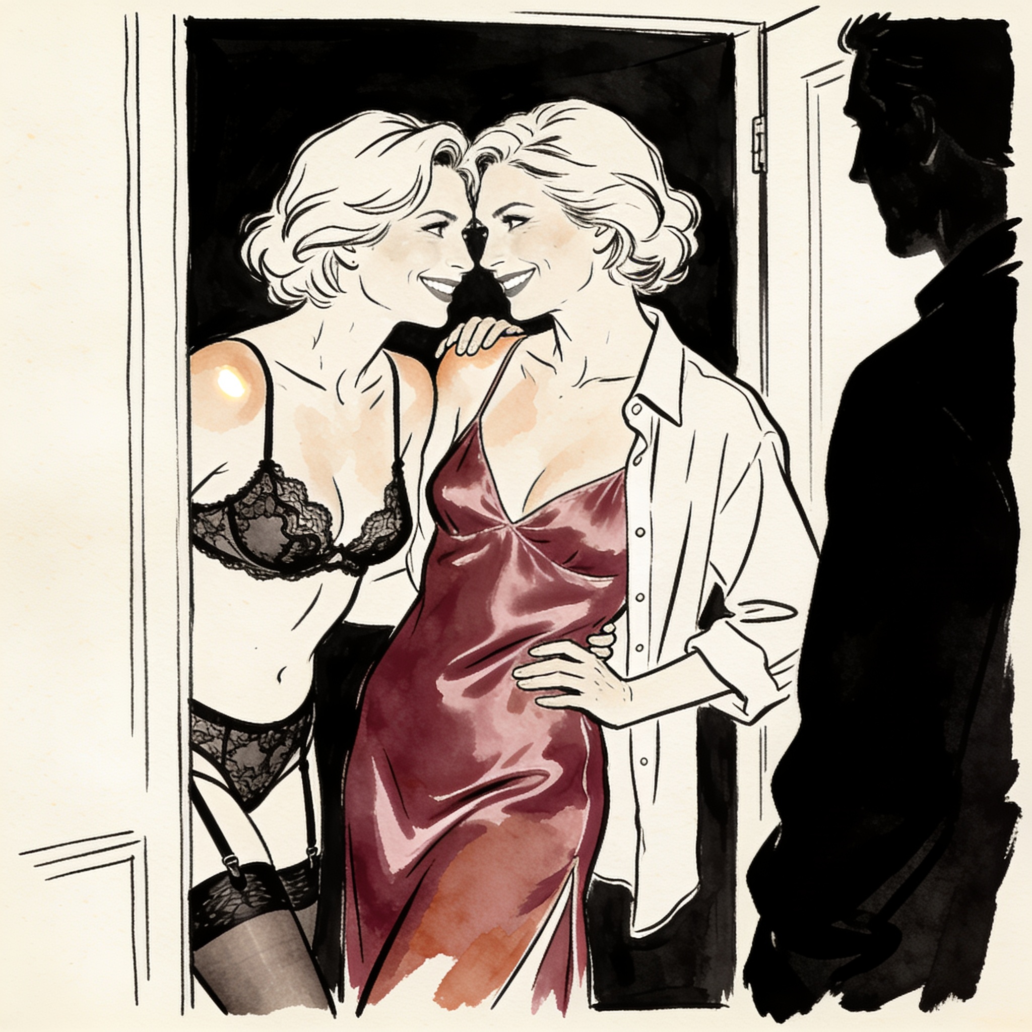 Two women in lingerie share a knowing look in a doorway, charged with desire.