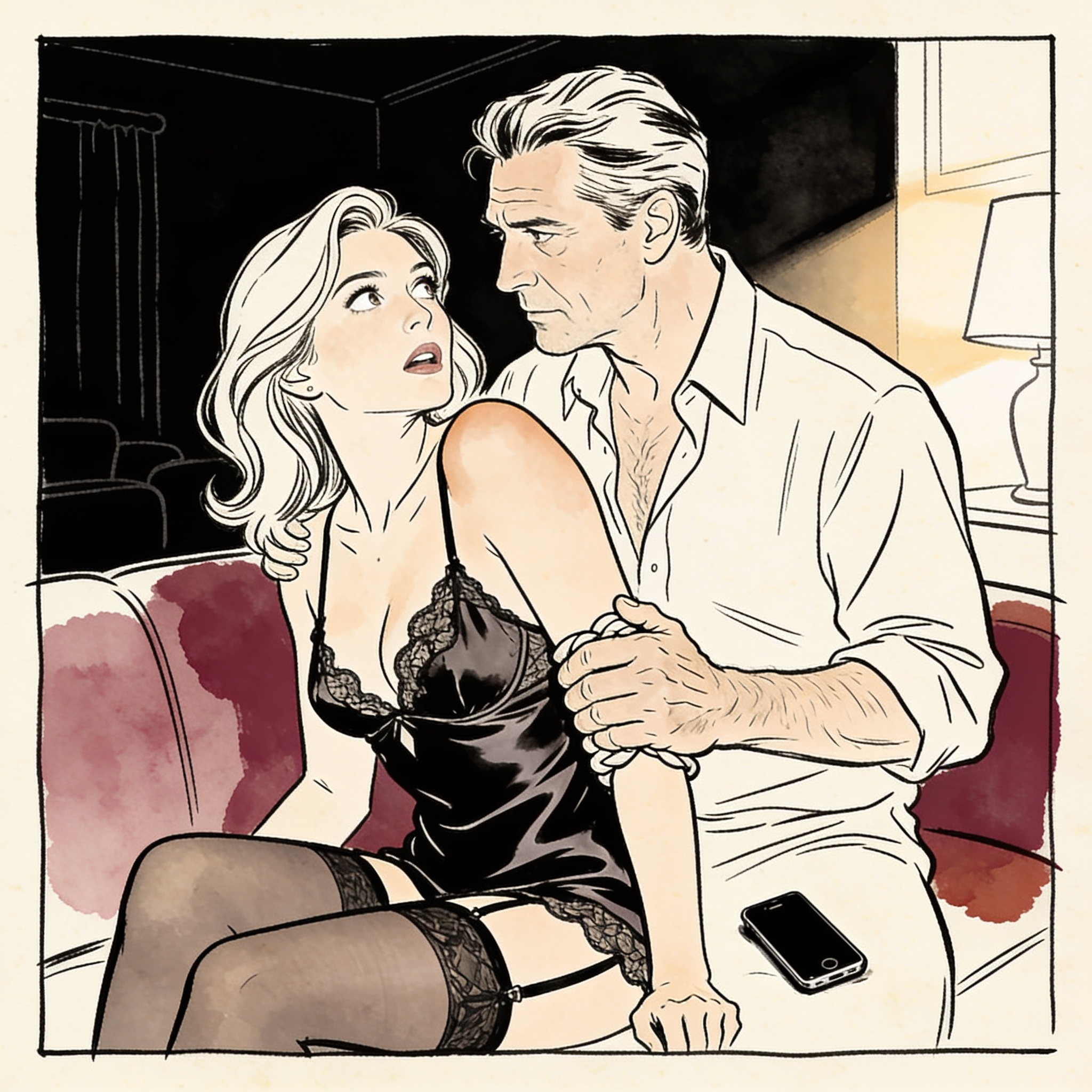 A man's hand firmly holds a woman's wrist as she looks back at him, her phone falling o...