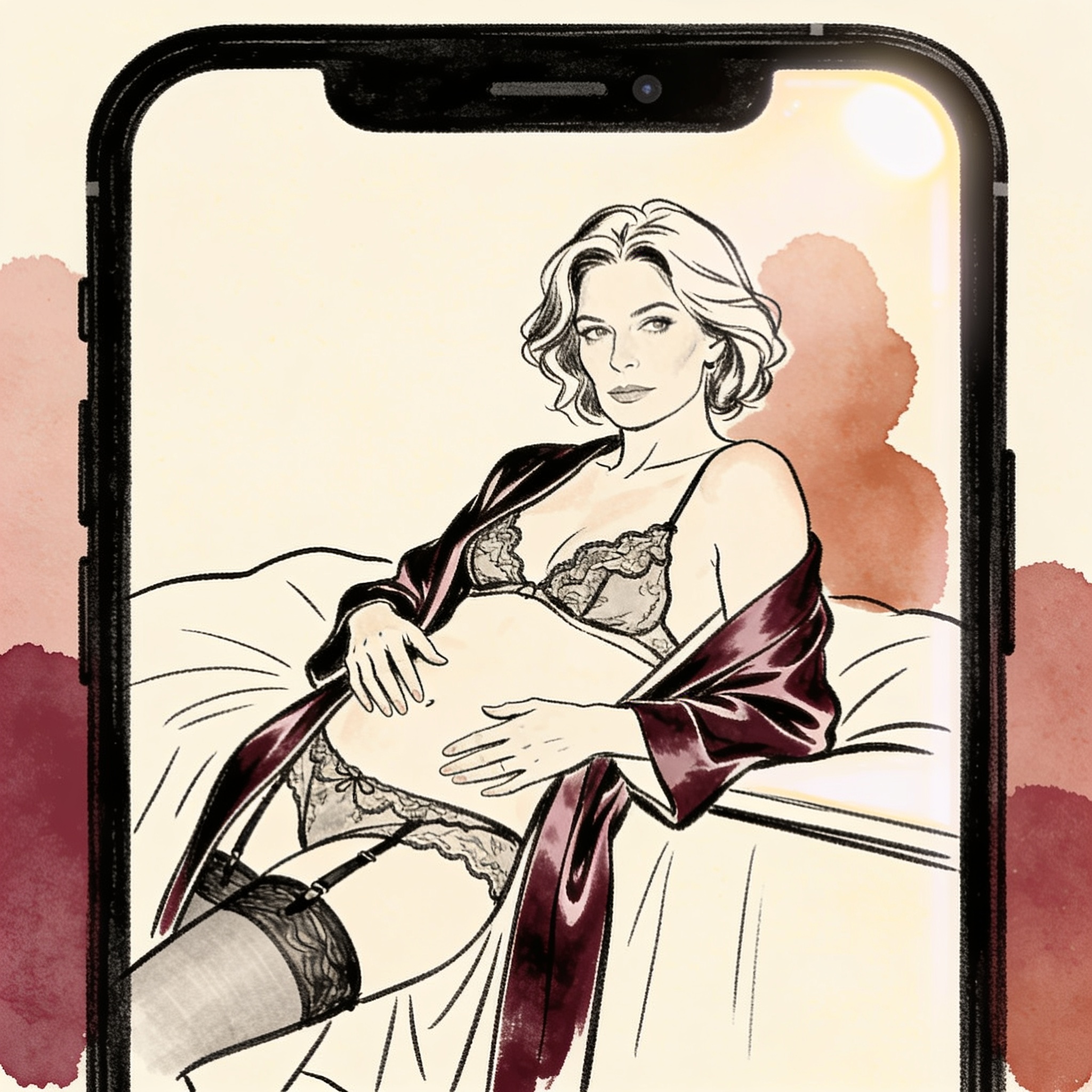 Woman in open silk robe, fingertips near skin, seen through phone glow.