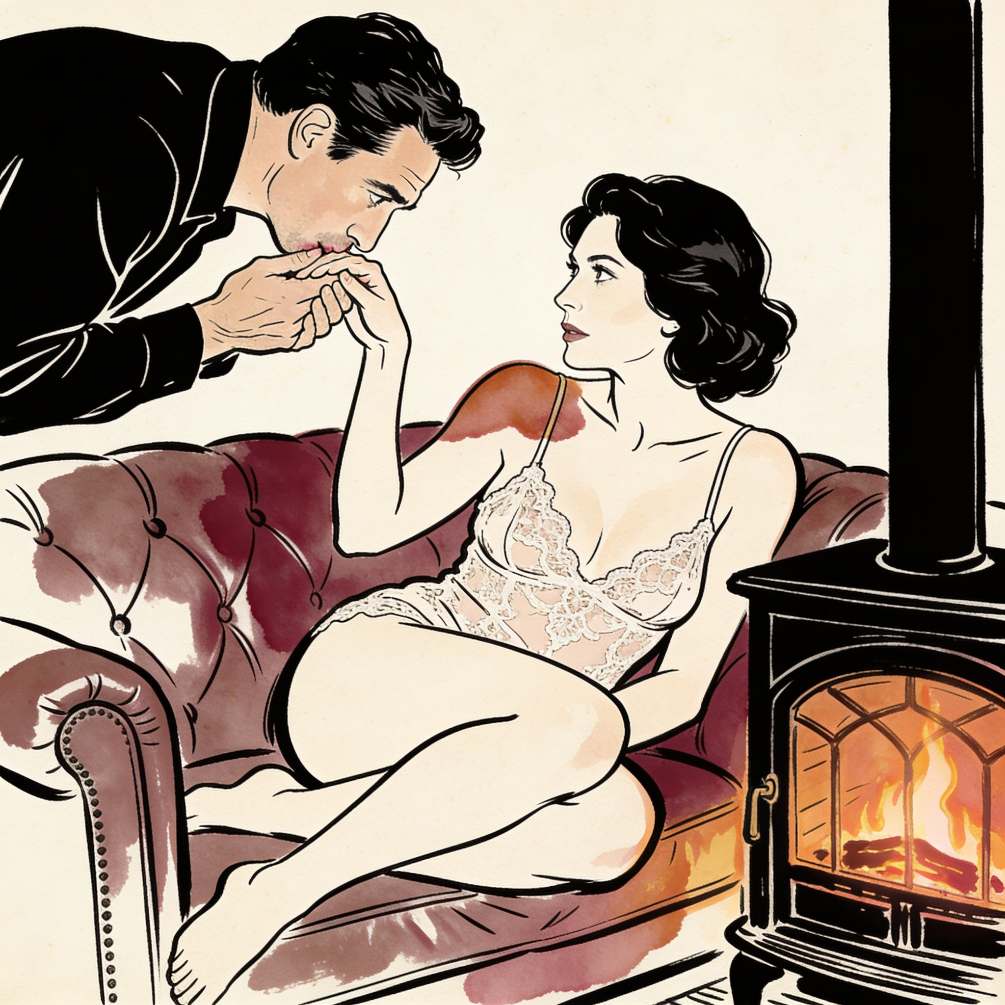 A man kisses a woman's palm; their gaze is intense, lit by a wood stove.