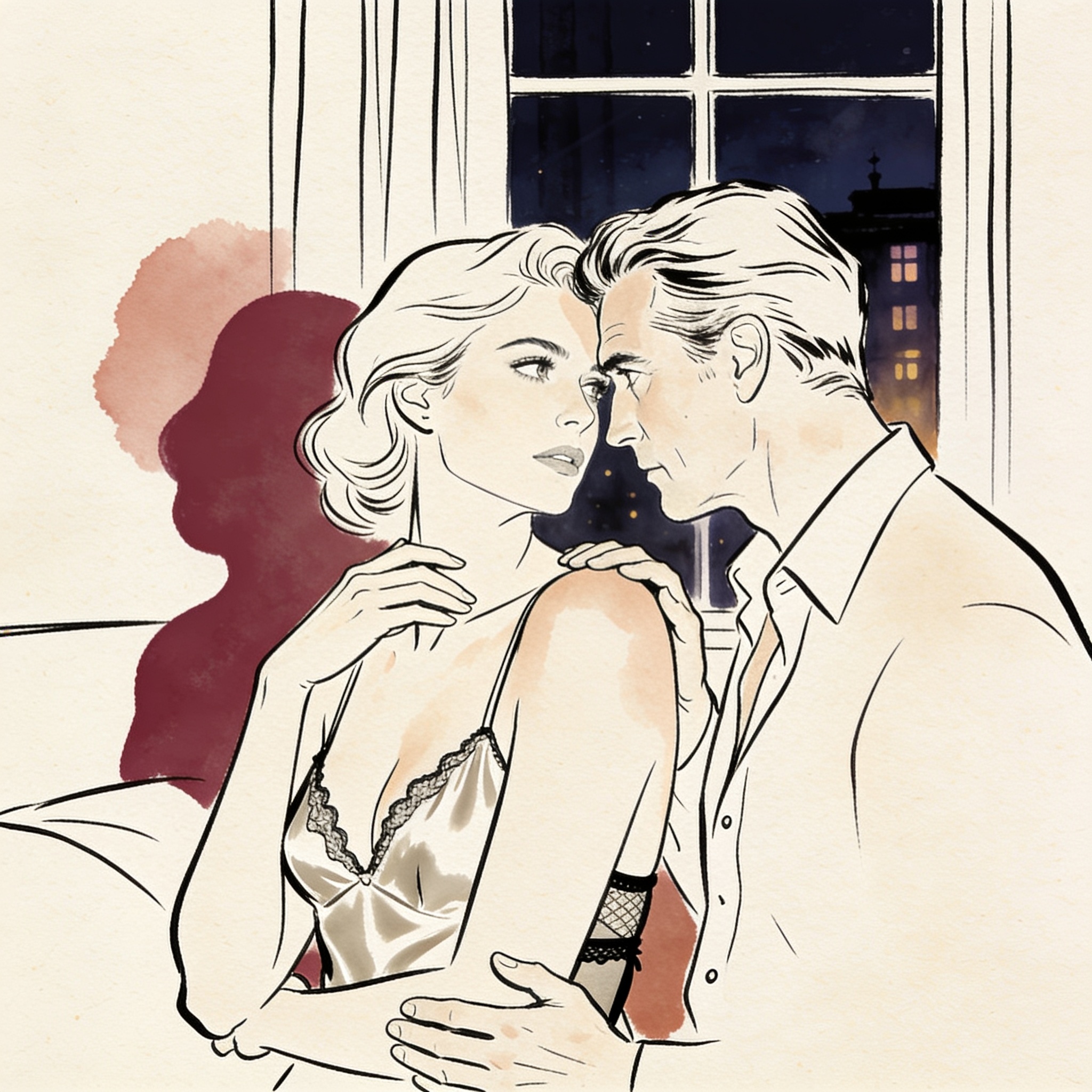 A person's reflection in a window under an intense gaze from across a dim room.
