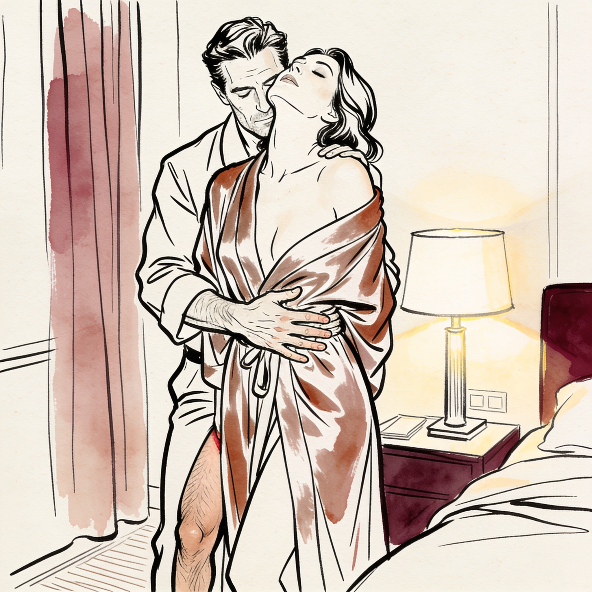 A couple in an intimate embrace, his hand on her back, pulling her close in a dimly lit...