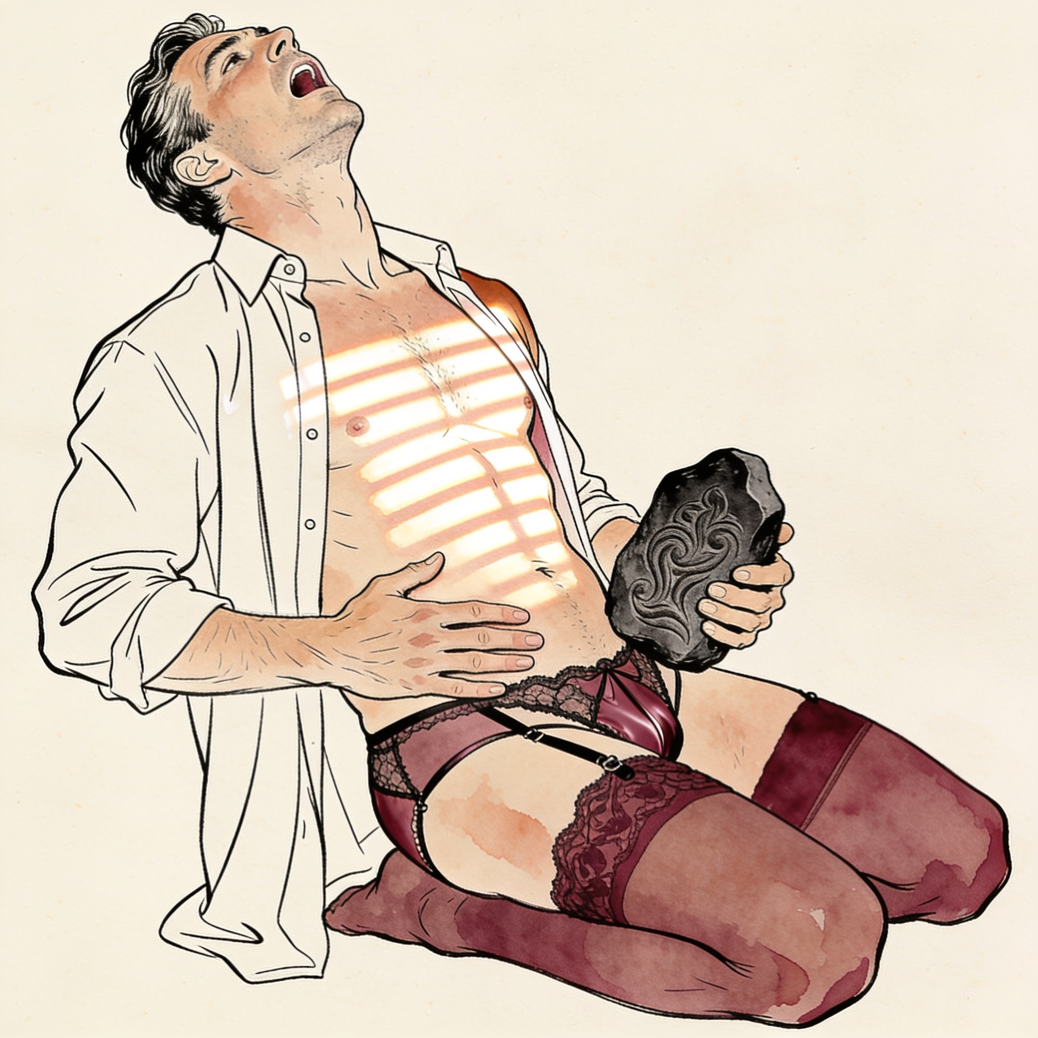 Young man gasping, clutching a stone, his shirt open as light stripes his skin.