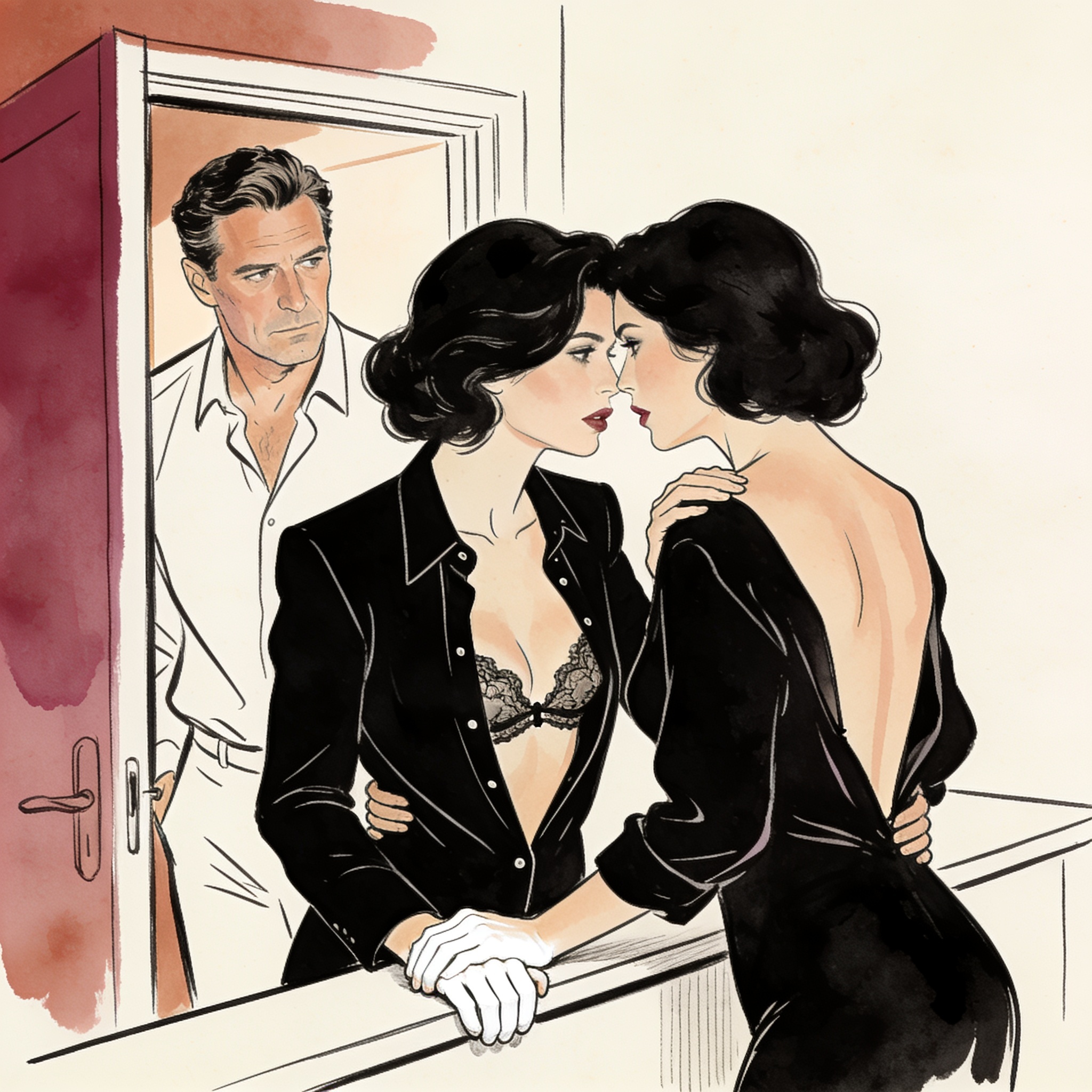 A man watches a woman in an office kitchenette, her hand gripping the counter, tension ...