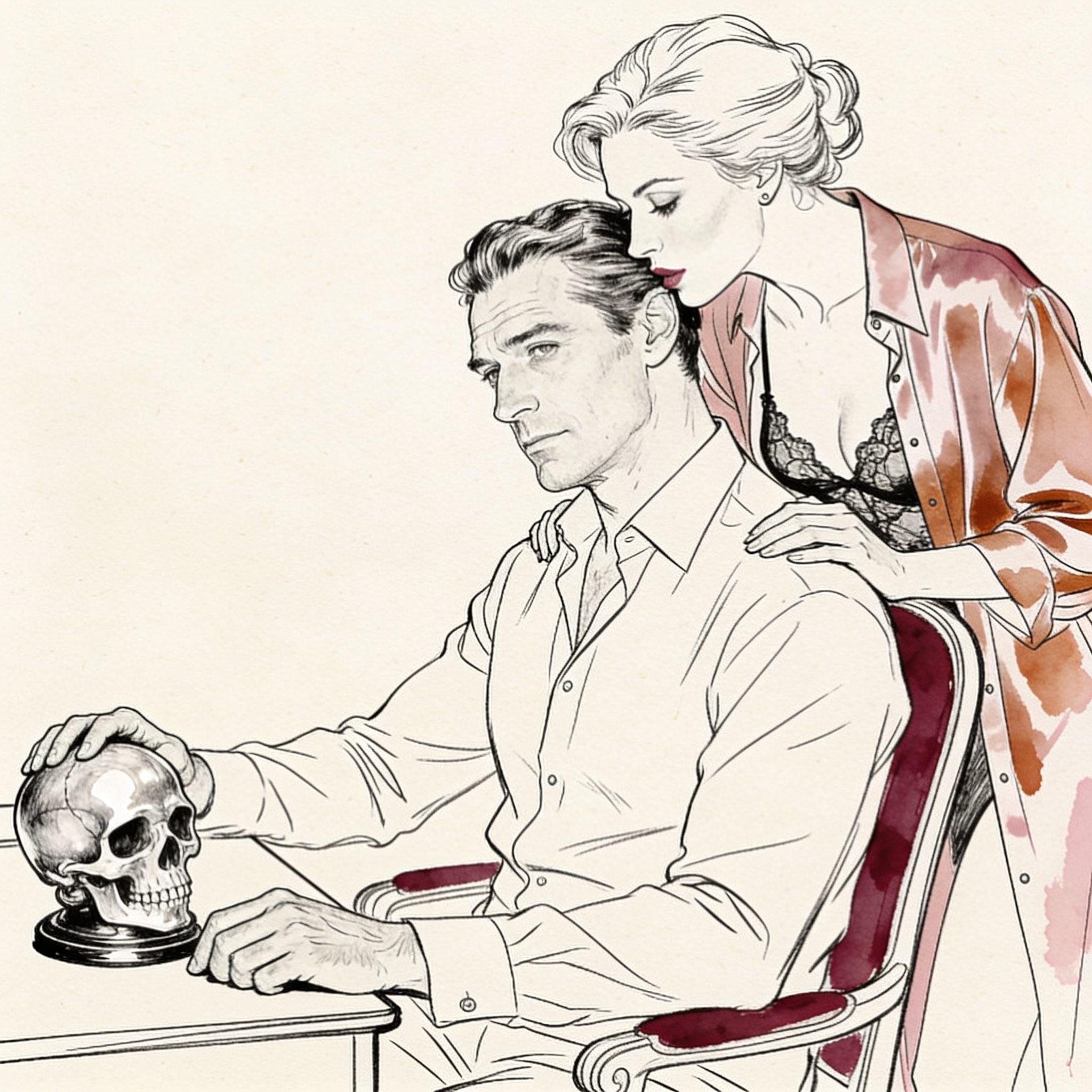 Teacher whispering to student, hand on his shoulder in dim office light.