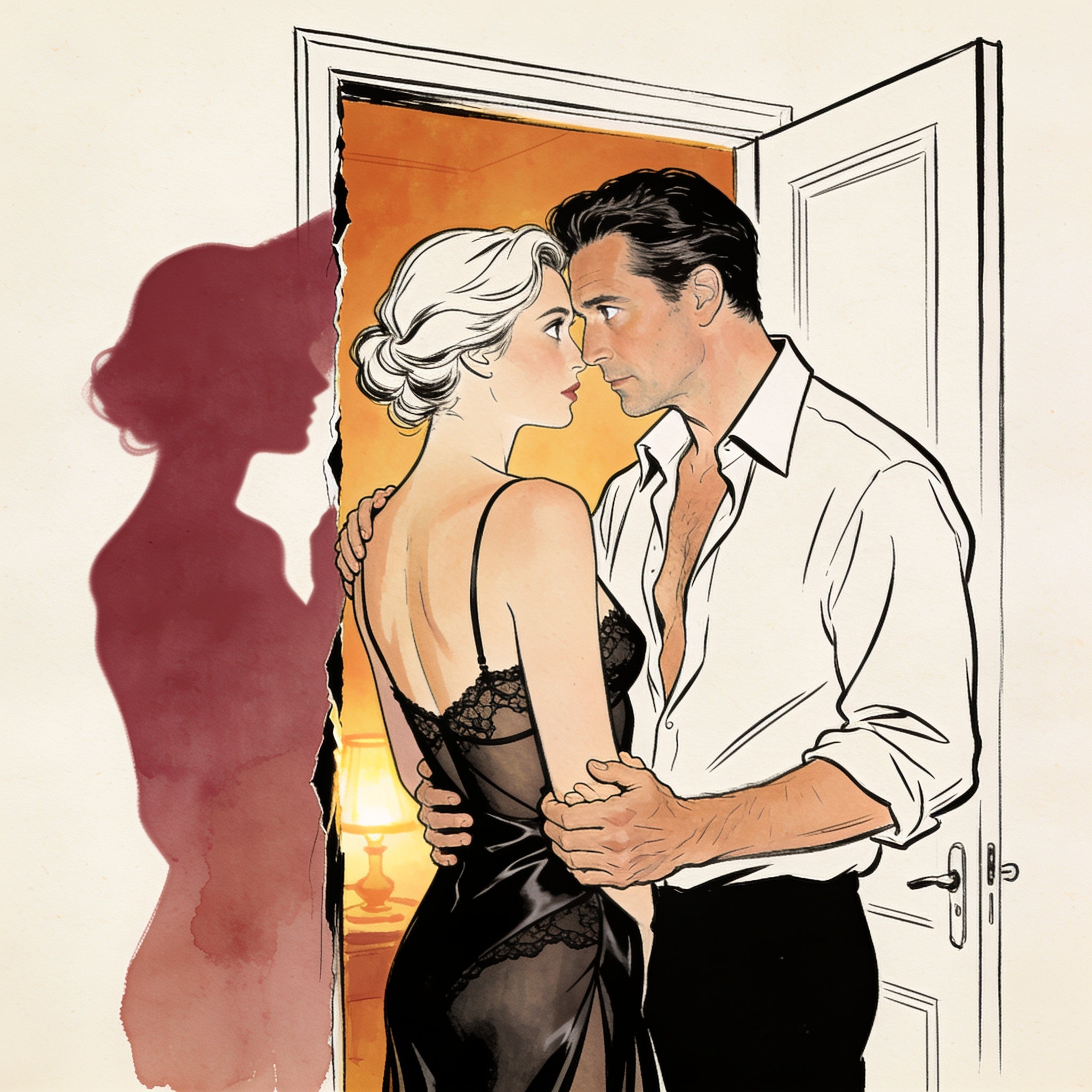 A collared couple in lace underwear shares a tense, intimate moment in a dimly lit lounge.