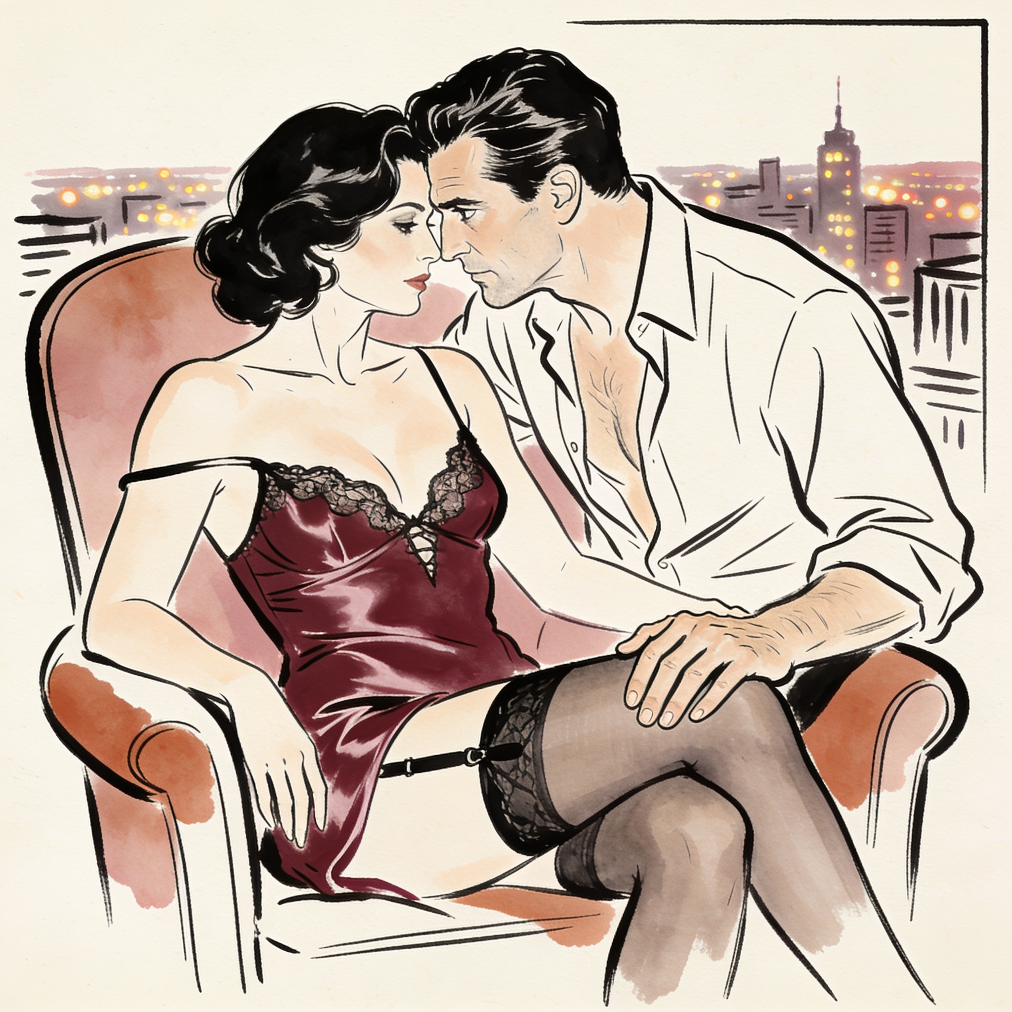A couple in a luxurious hotel suite, the man's hand on her bare thigh, a charged silenc...