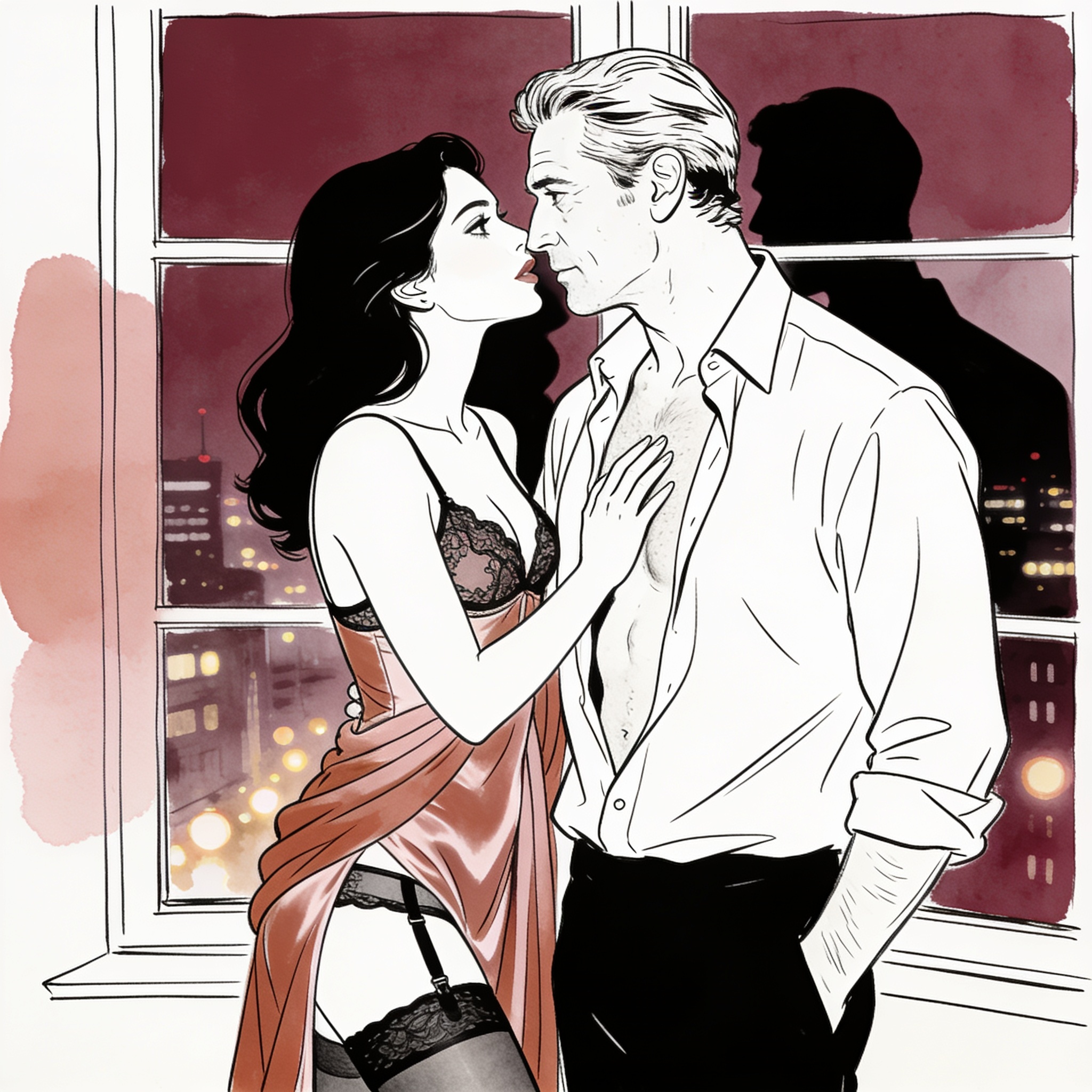 A man and a woman in a hotel suite, intimate tension reflected in a dark window.