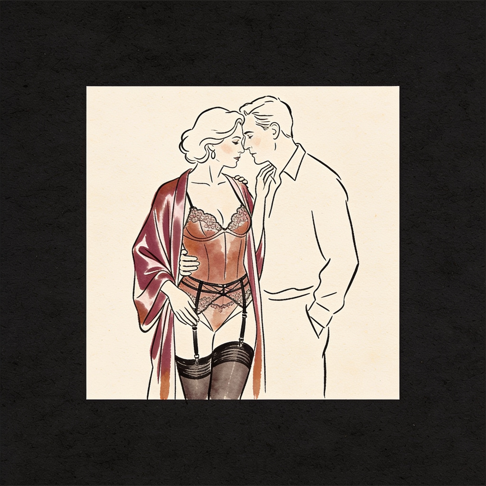 A couple in a low-lit room, her silk dress open, his intent gaze on her lingerie.