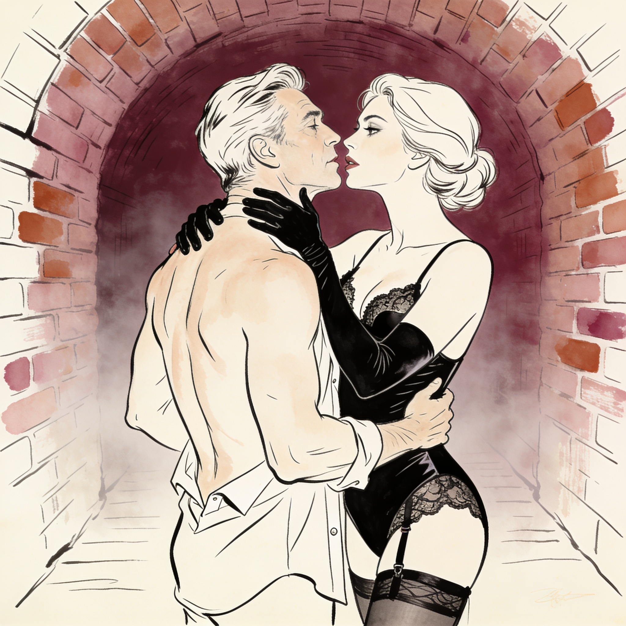 Bare-backed man held by woman in black lace bodysuit, faces close in tunnel.
