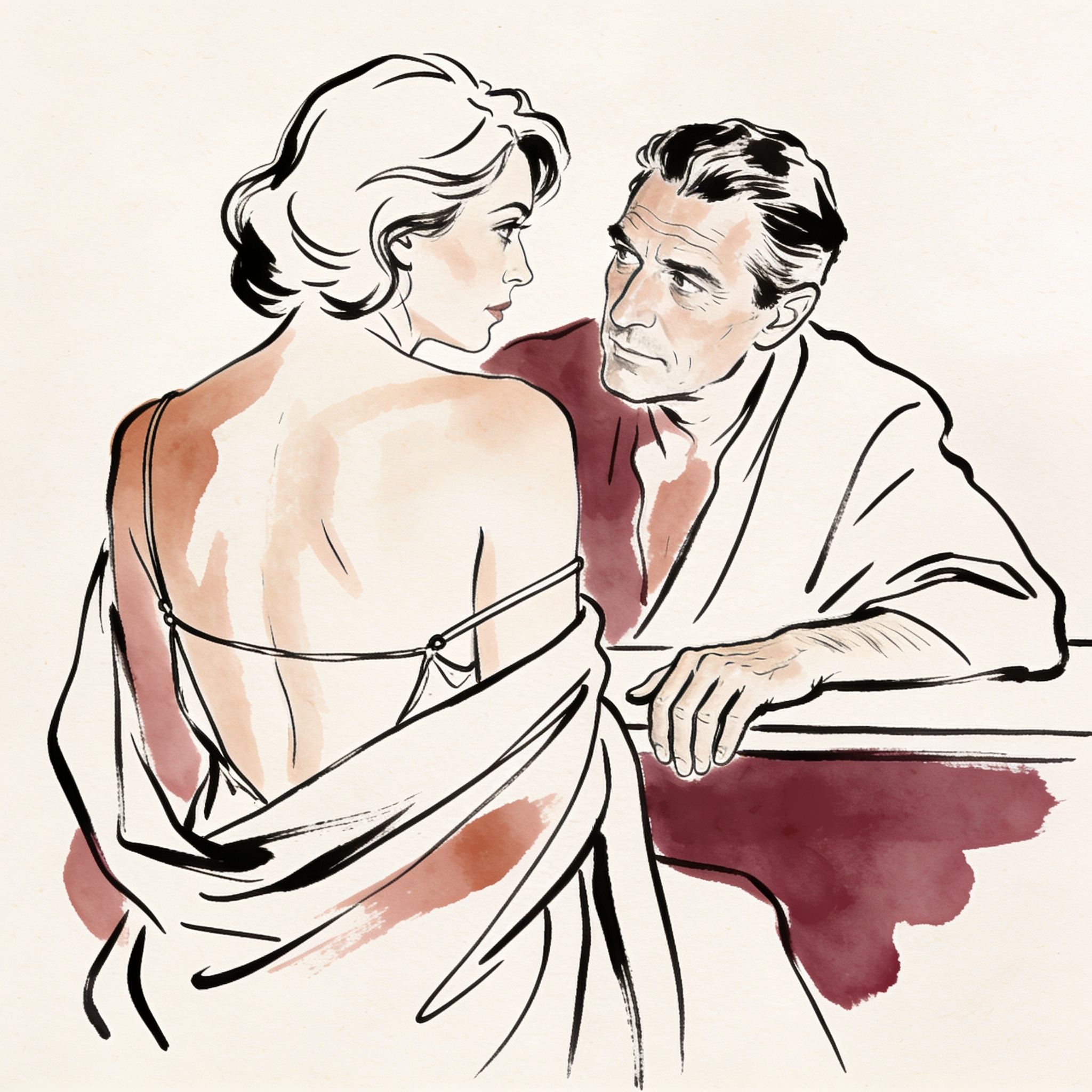 A man and woman share an intense gaze as her chemise strap slips from her shoulder.